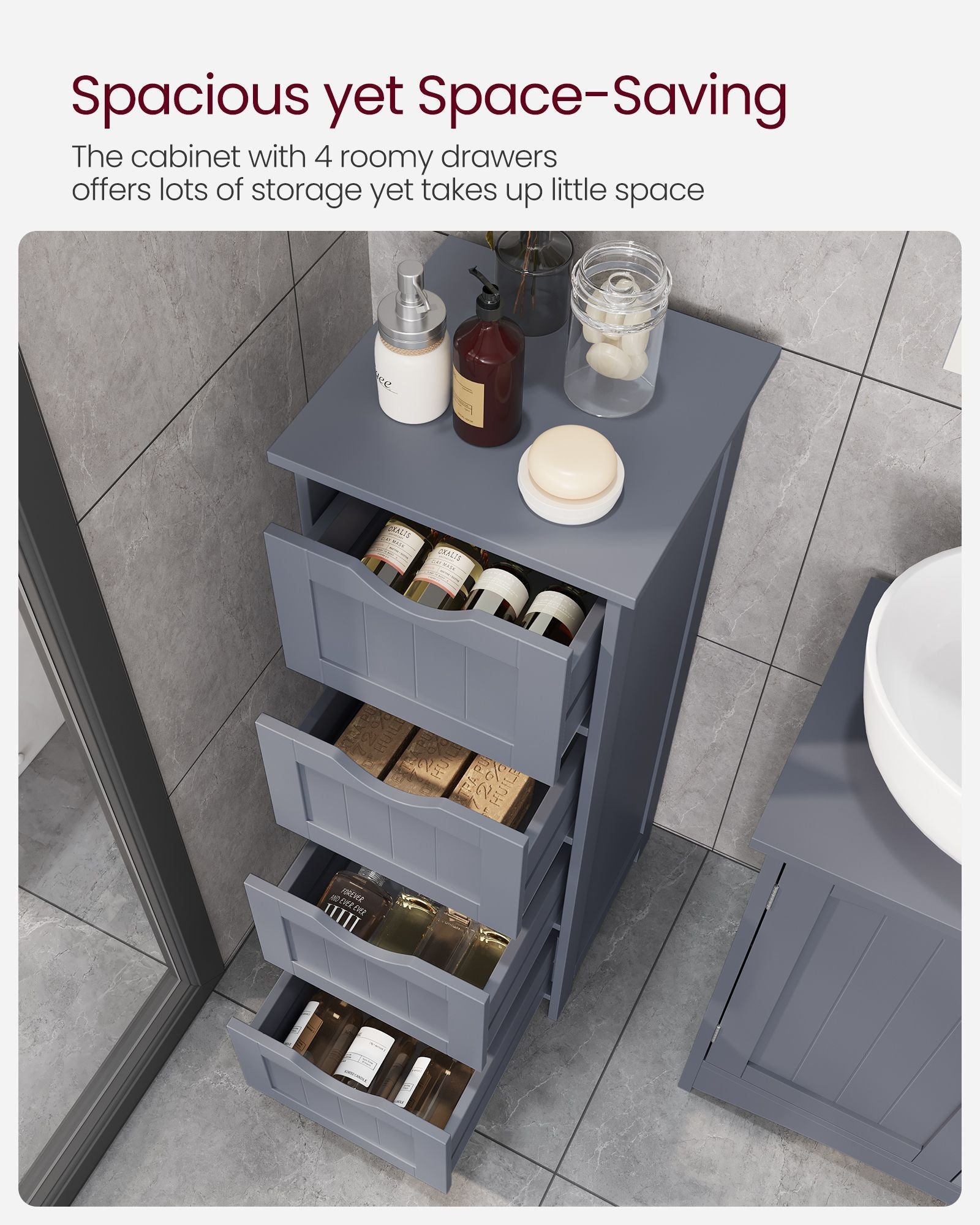 Bathroom Floor Storage Cabinet - MDF - Slate Grey - Freestanding with 4 Drawers