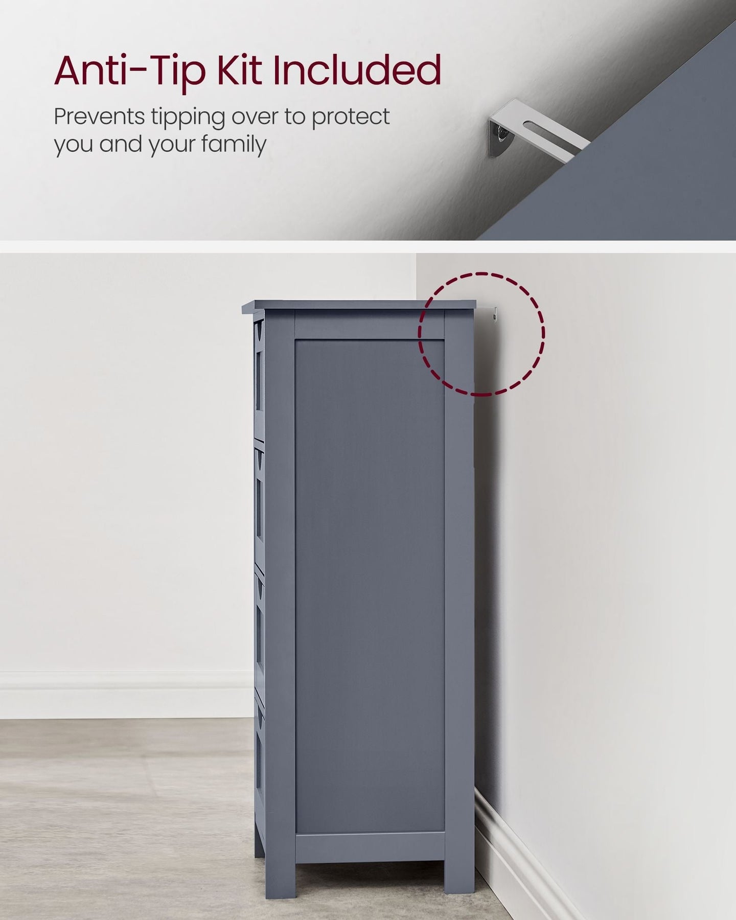 Bathroom Floor Storage Cabinet - MDF - Slate Grey - Freestanding with 4 Drawers