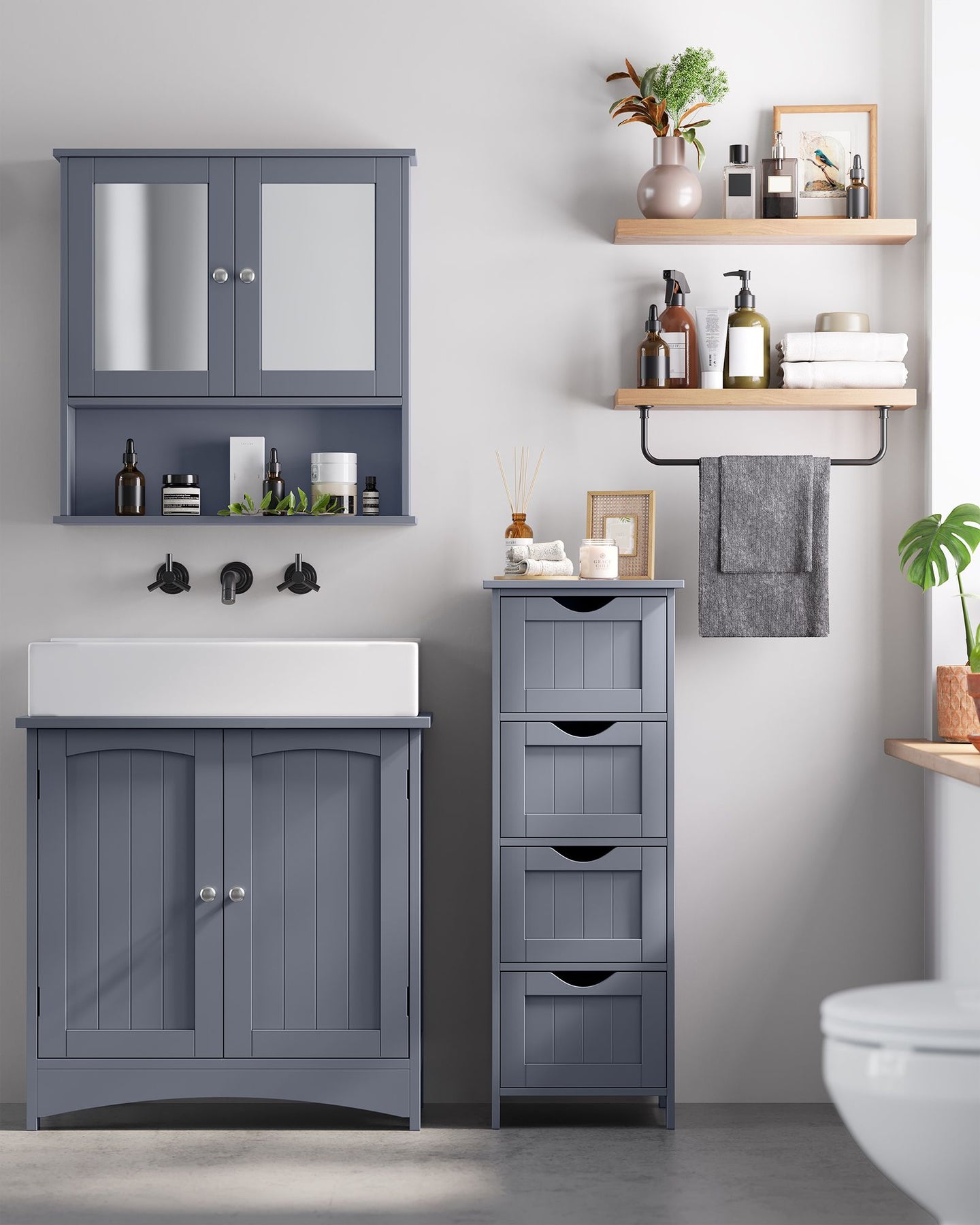 Bathroom Floor Storage Cabinet - MDF - Slate Grey - Freestanding with 4 Drawers