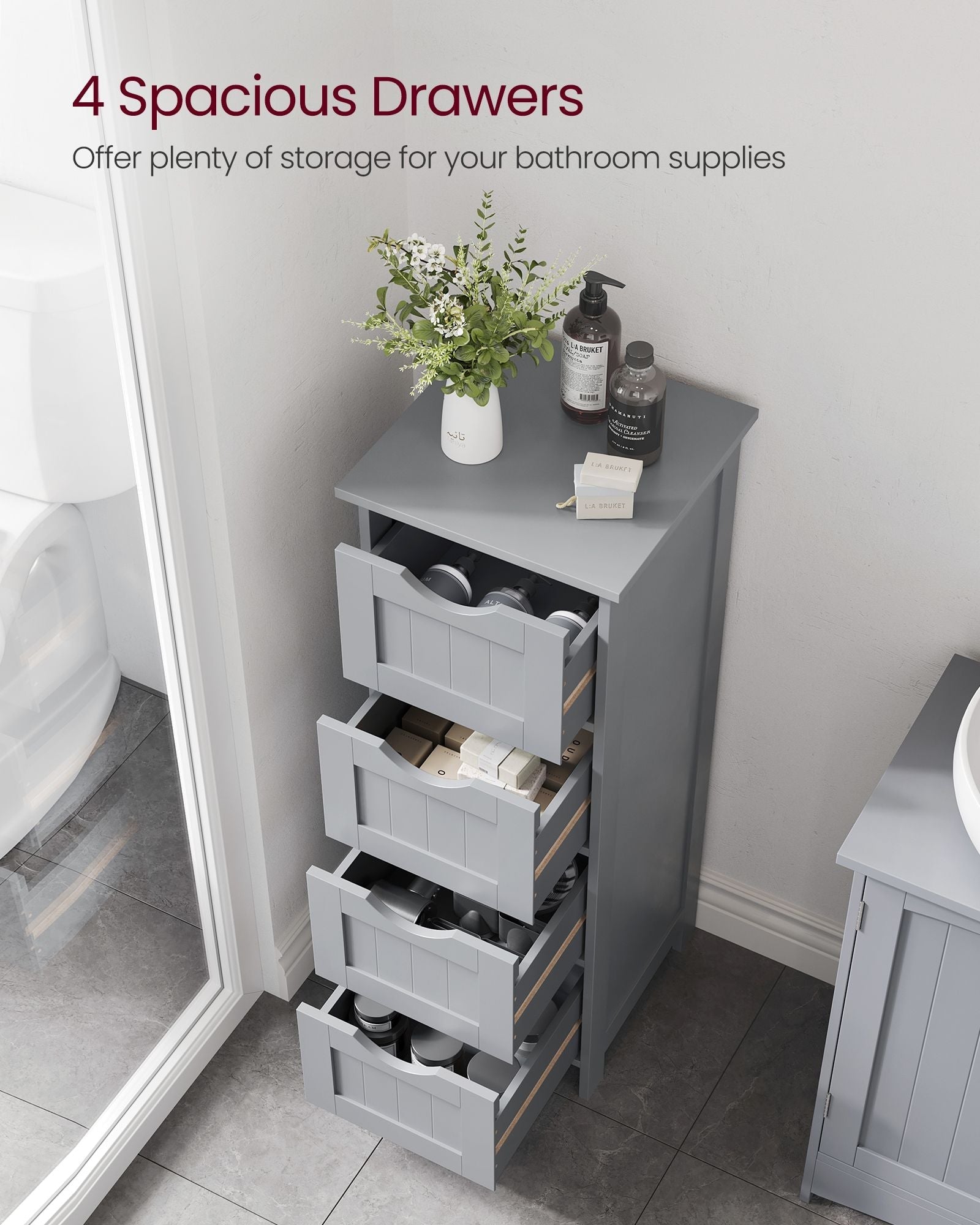 Bathroom Floor Storage Cabinet - Wood - Mystic Grey - Freestanding with 4 Drawers