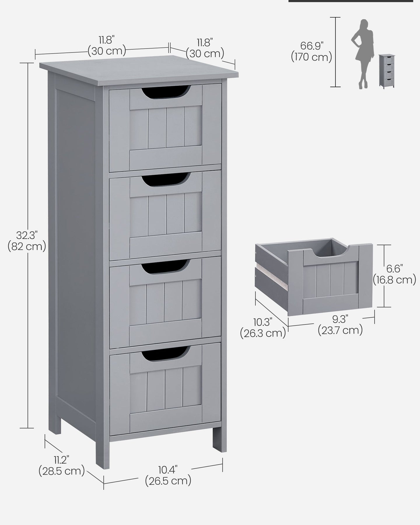 Bathroom Floor Storage Cabinet - Wood - Mystic Grey - Freestanding with 4 Drawers