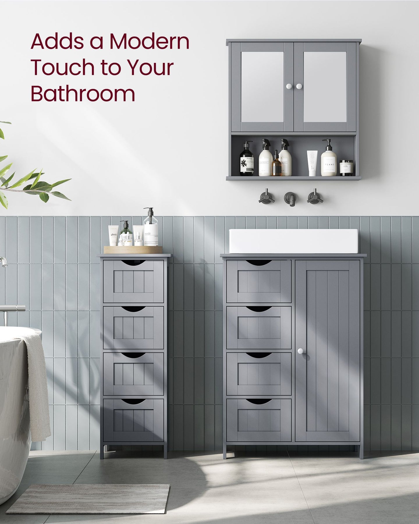 Bathroom Floor Storage Cabinet - Wood - Mystic Grey - Freestanding with 4 Drawers