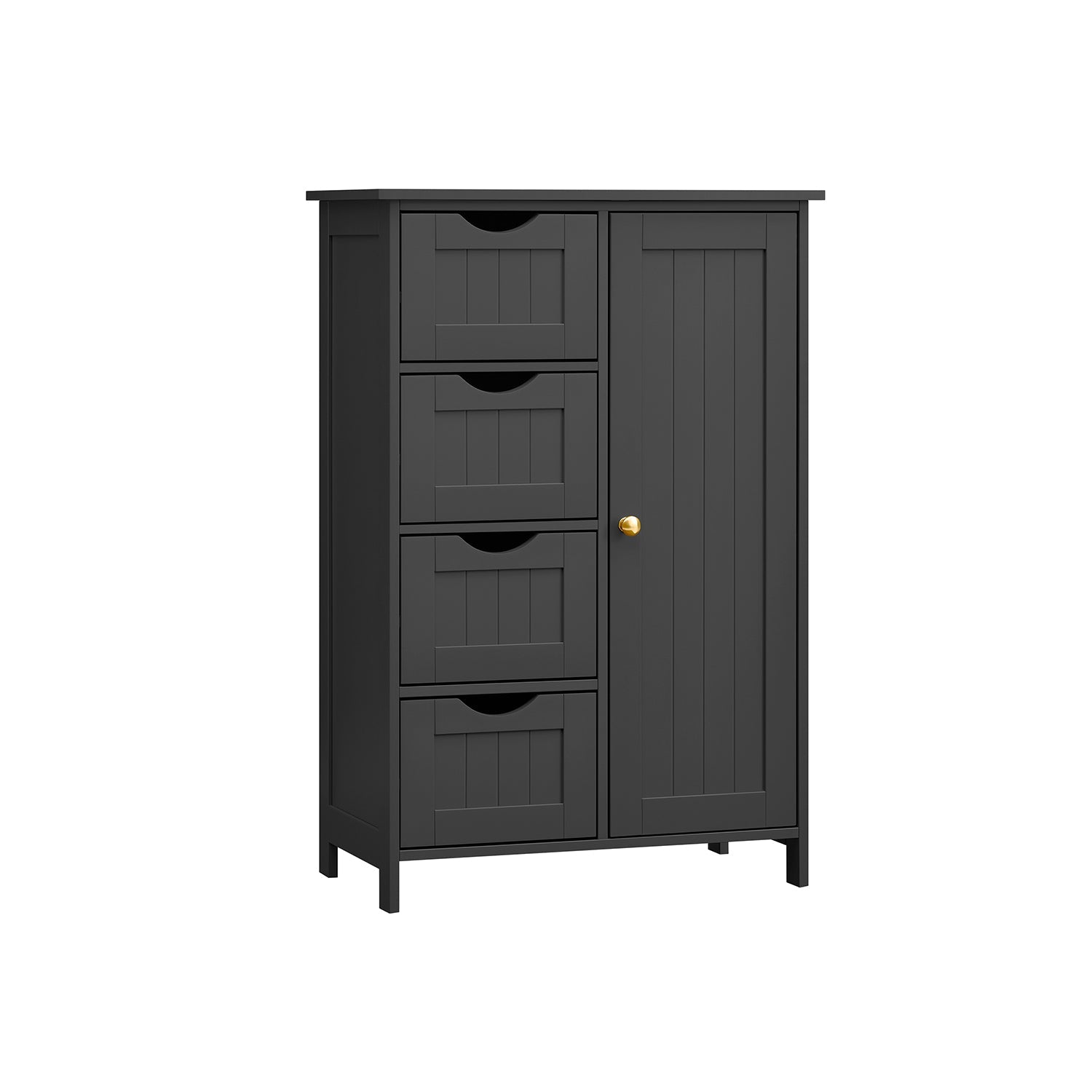 Bathroom Floor Storage Cabinet - White Wood - Ink Black - 4 Drawers and 1 Wardrobe Compartment