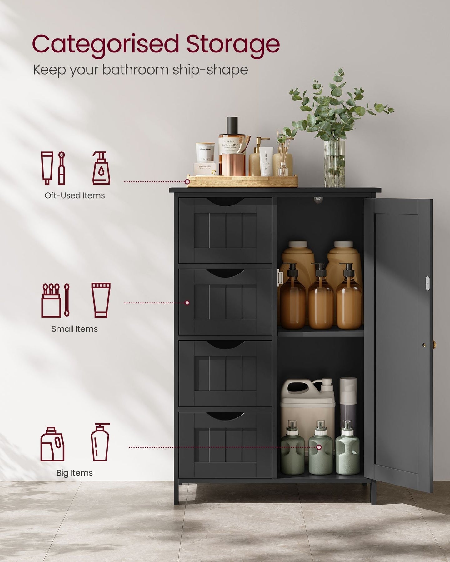 Bathroom Floor Storage Cabinet - White Wood - Ink Black - 4 Drawers and 1 Wardrobe Compartment