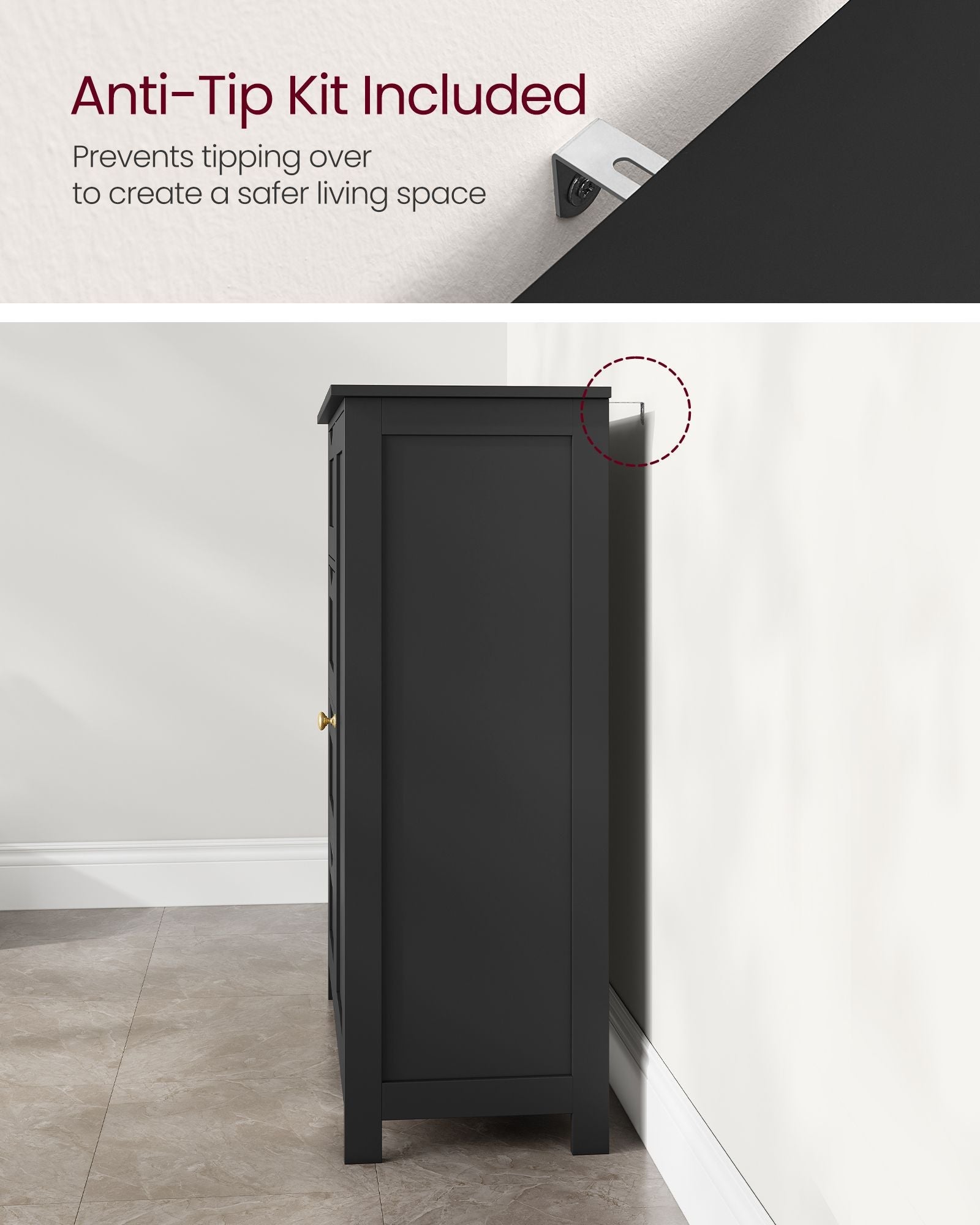 Bathroom Floor Storage Cabinet - White Wood - Ink Black - 4 Drawers and 1 Wardrobe Compartment
