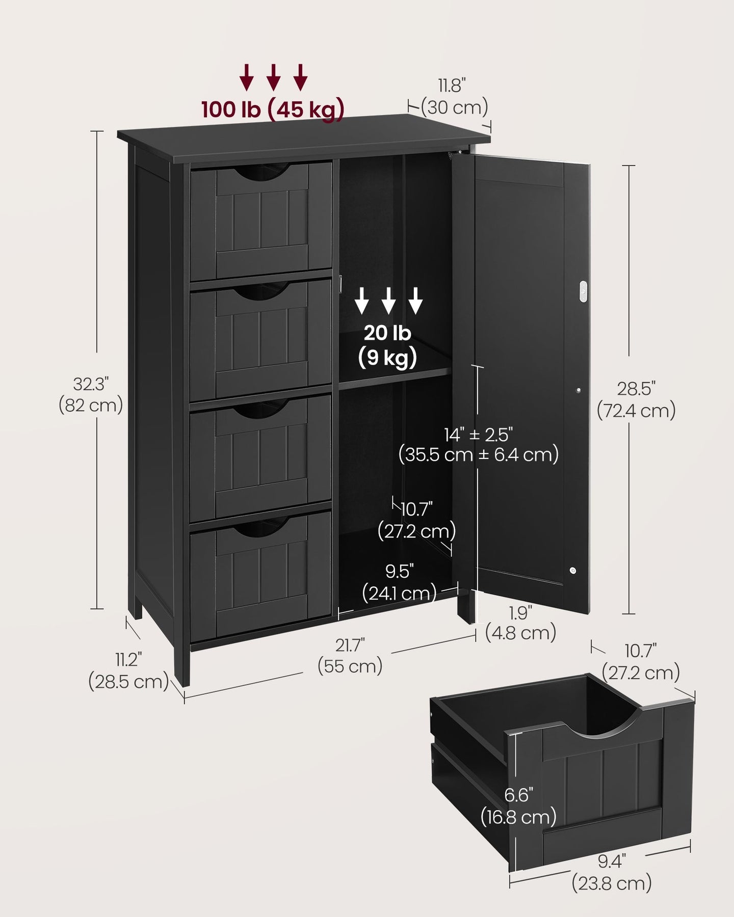 Bathroom Floor Storage Cabinet - White Wood - Ink Black - 4 Drawers and 1 Wardrobe Compartment