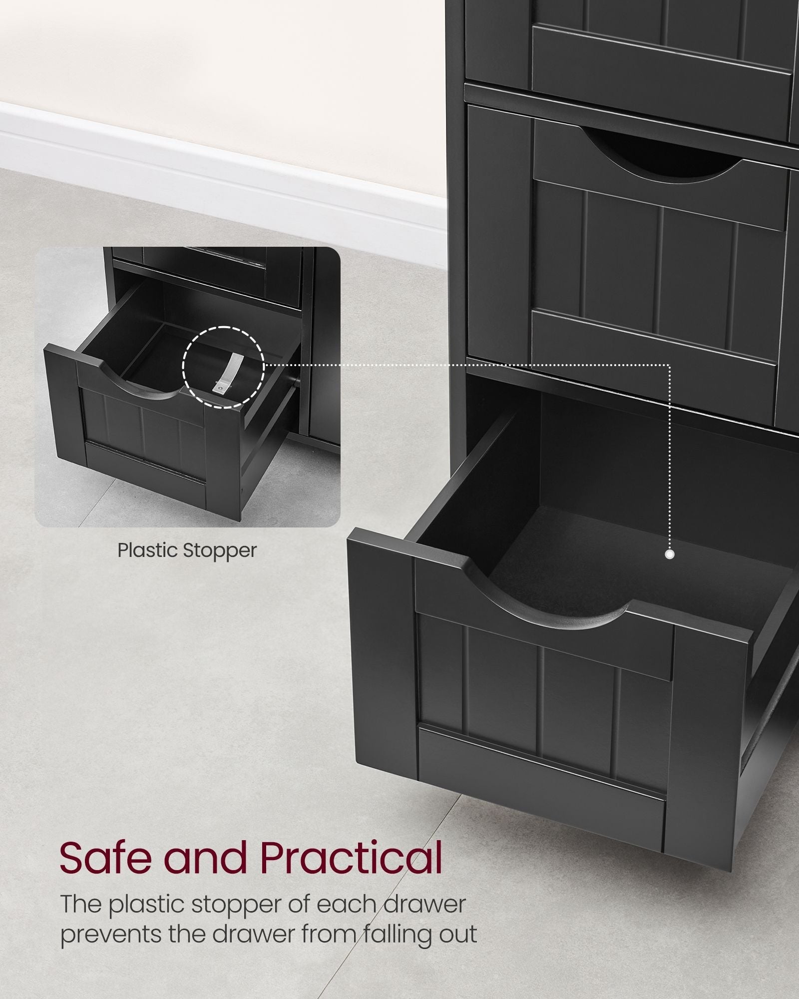 Bathroom Floor Storage Cabinet - White Wood - Ink Black - 4 Drawers and 1 Wardrobe Compartment