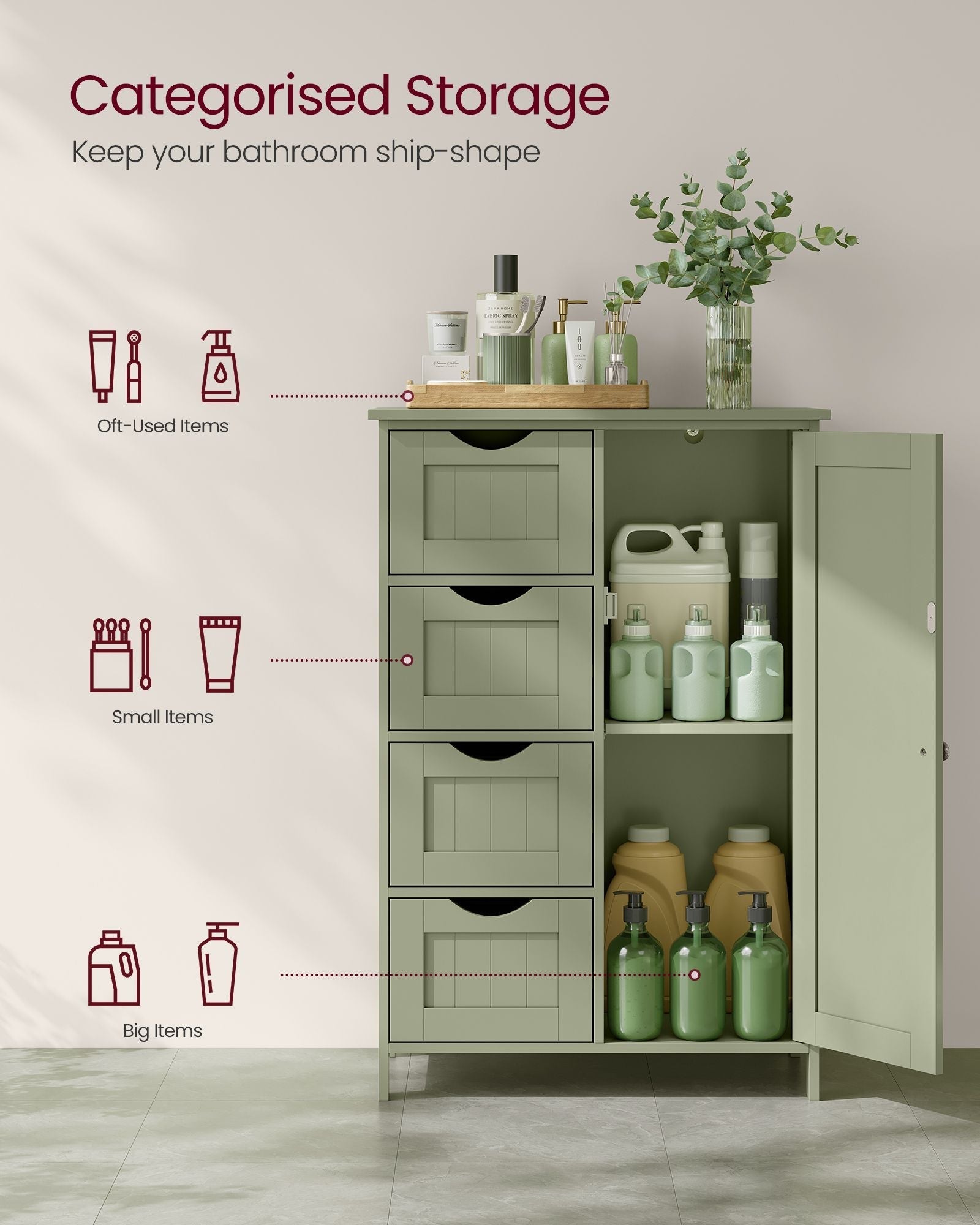 Bathroom Storage Unit - Wood - White - 4 Drawers and 1 Wardrobe Compartment