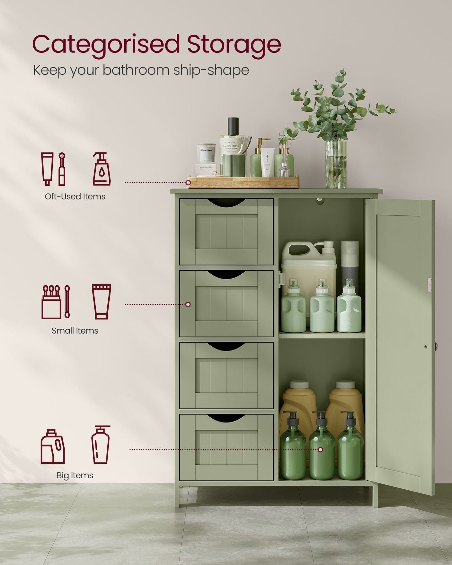 Bathroom Storage Unit - Wood - White - 4 Drawers and 1 Wardrobe Compartment