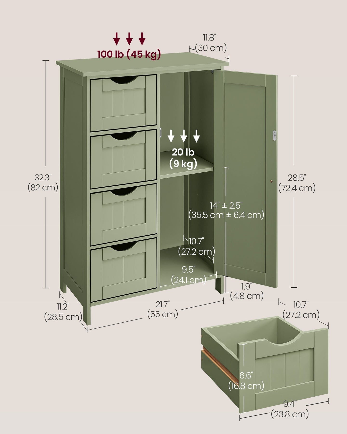 Bathroom Storage Unit - Wood - White - 4 Drawers and 1 Wardrobe Compartment