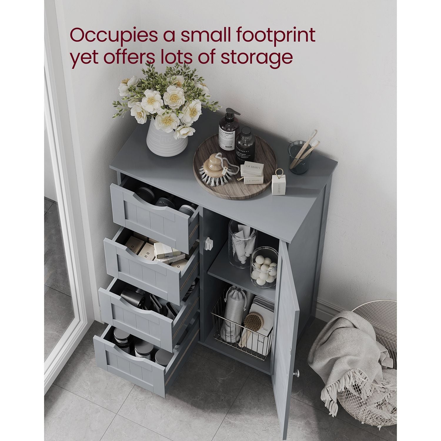 Bathroom Floor Storage Cabinet - Wood - White - Features 4 Drawers and 1 Wardrobe Compartment