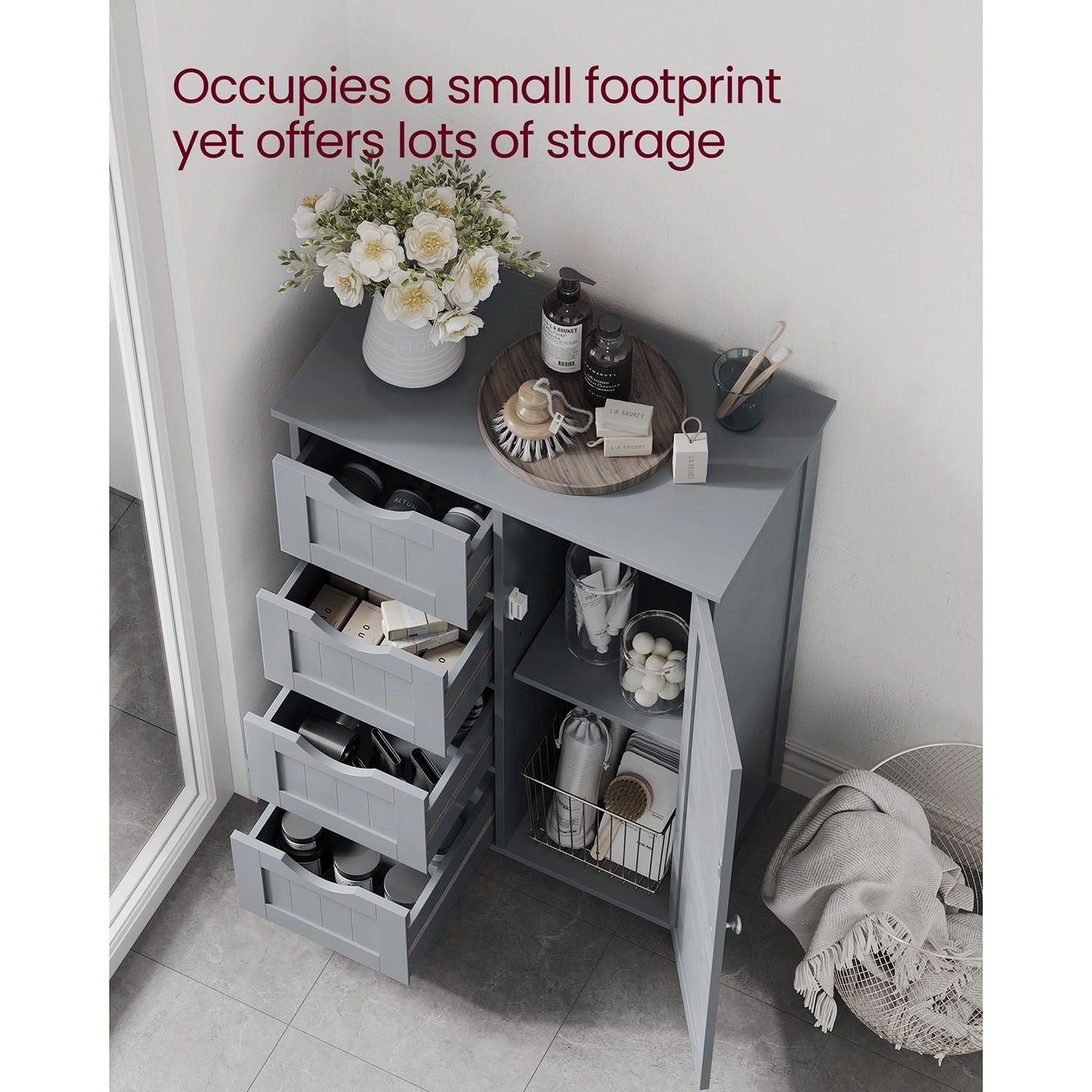 Bathroom Floor Storage Cabinet - Wood - White - Features 4 Drawers and 1 Wardrobe Compartment