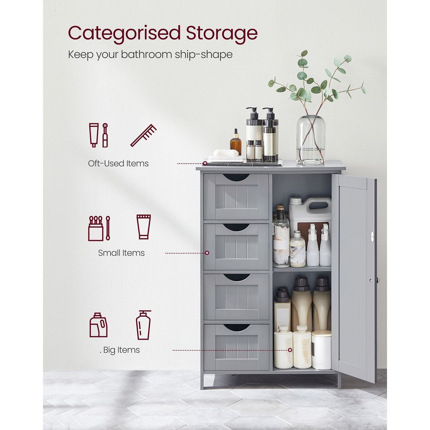 Bathroom Floor Storage Cabinet - Wood - White - Features 4 Drawers and 1 Wardrobe Compartment