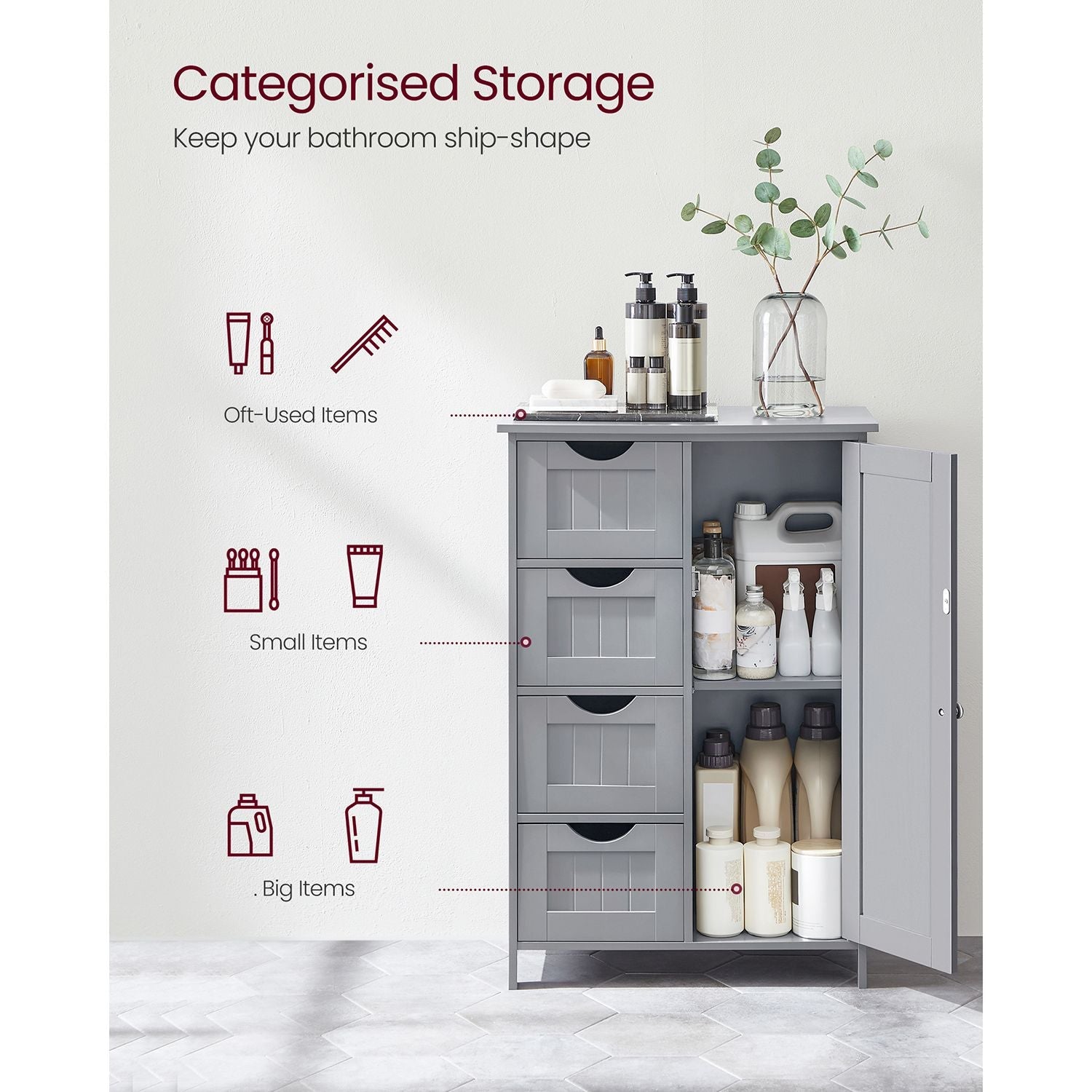 Bathroom Floor Storage Cabinet - Wood - White - Features 4 Drawers and 1 Wardrobe Compartment