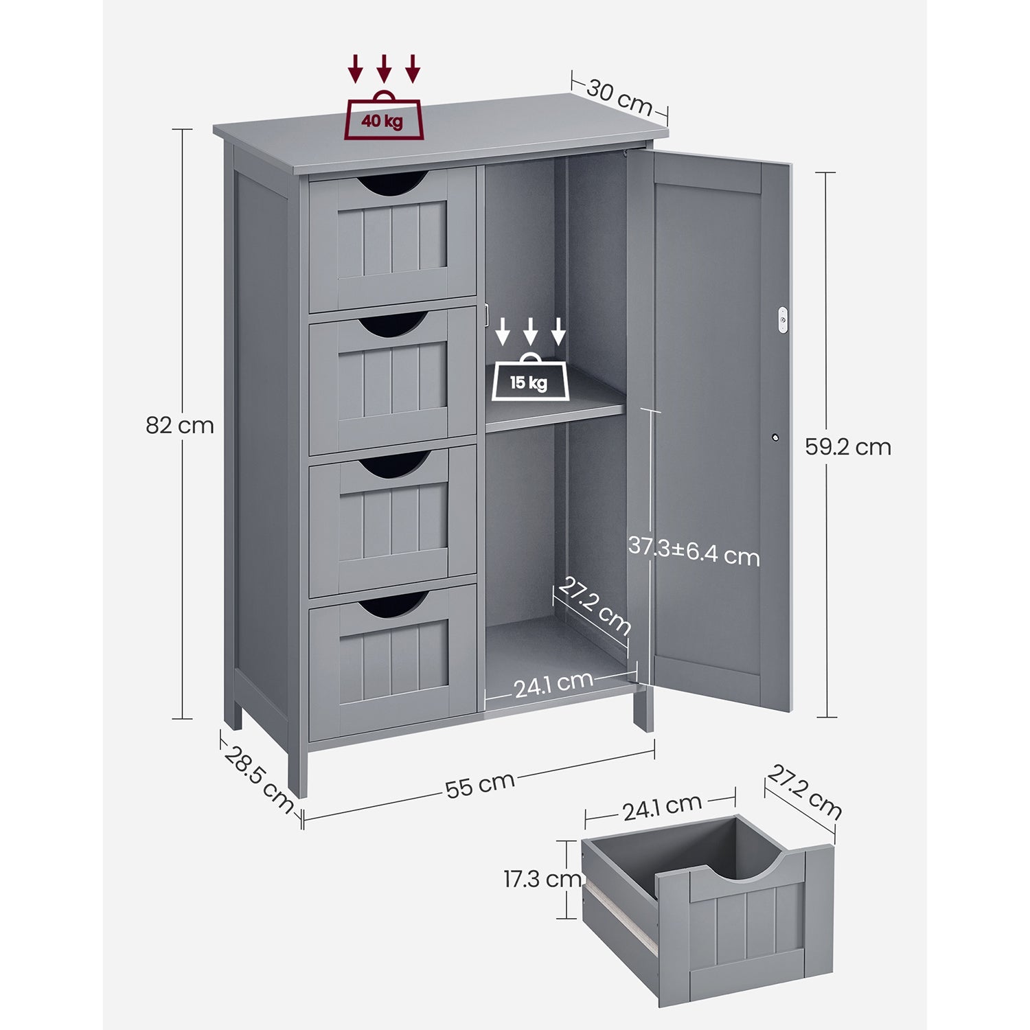 Bathroom Floor Storage Cabinet - Wood - White - Features 4 Drawers and 1 Wardrobe Compartment