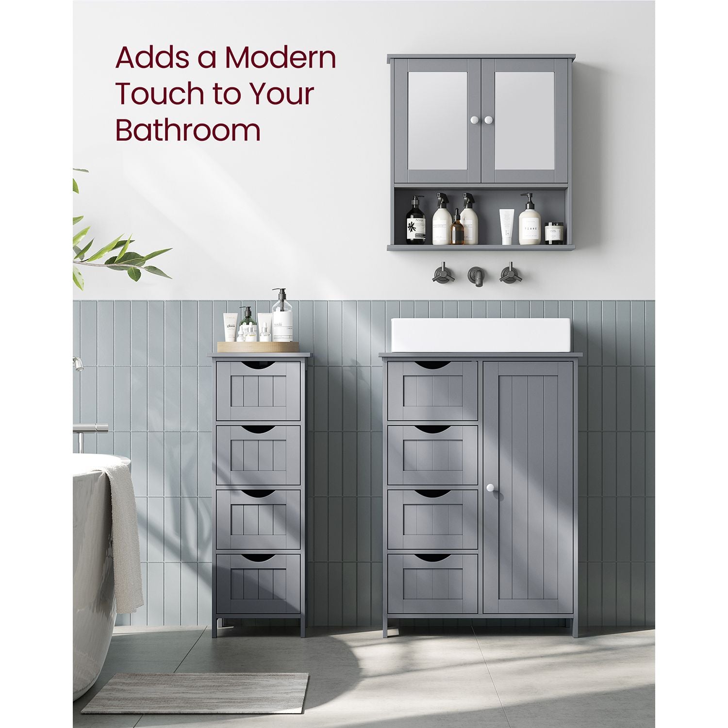 Bathroom Floor Storage Cabinet - Wood - White - Features 4 Drawers and 1 Wardrobe Compartment