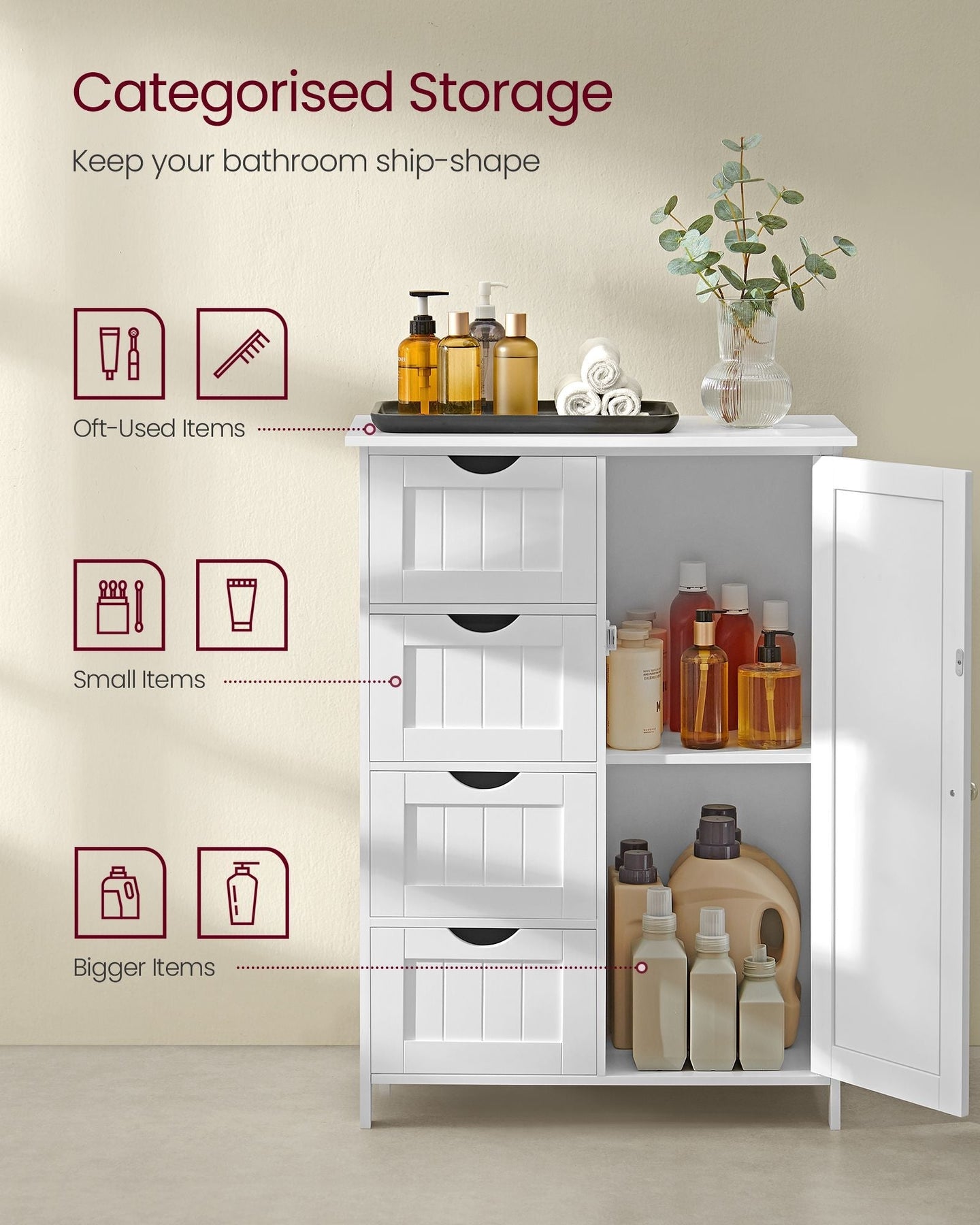 Bathroom Floor Storage Cabinet - Wood - Cloud White - 4 Drawers and Adjustable Shelf