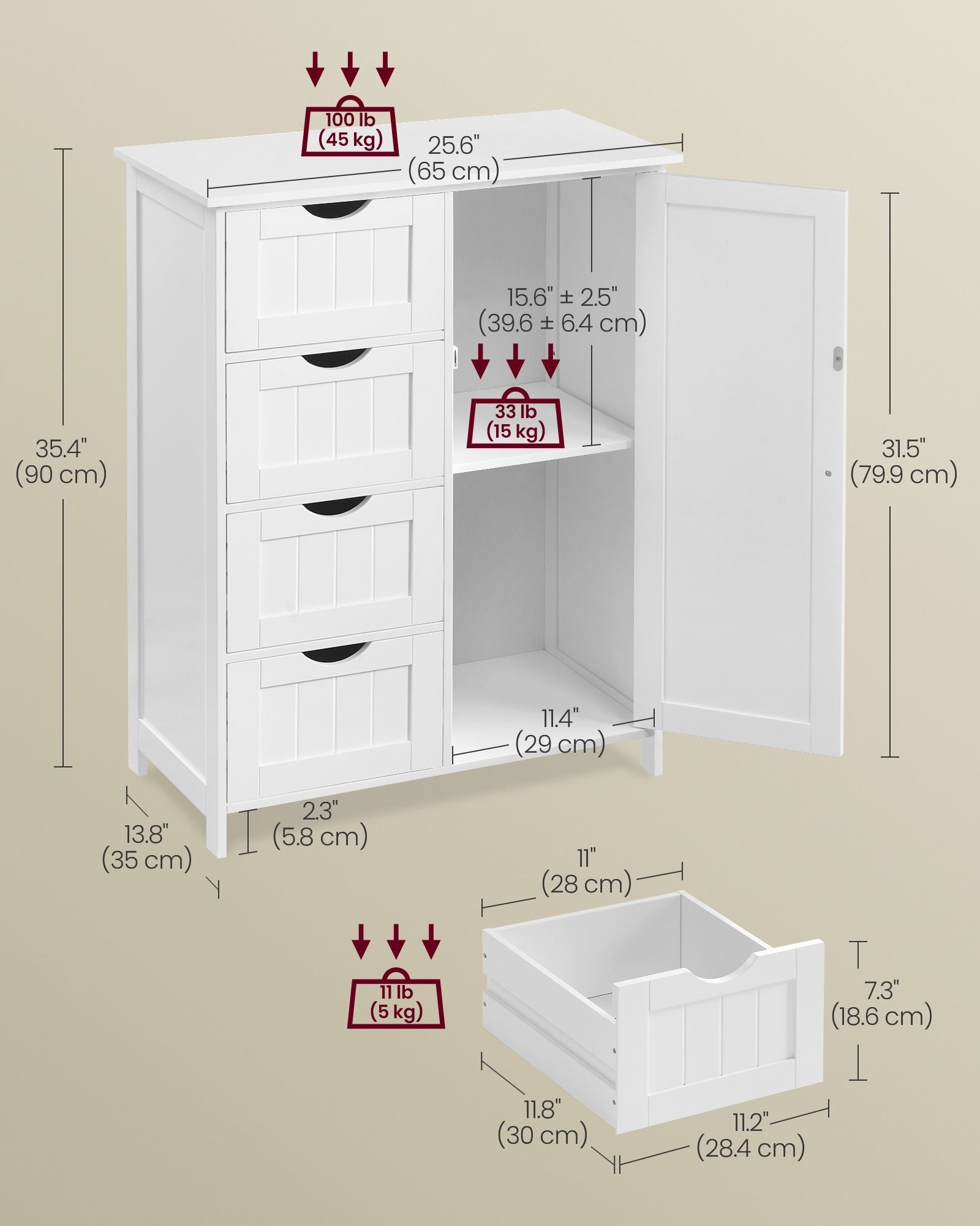 Bathroom Floor Storage Cabinet - Wood - Cloud White - 4 Drawers and Adjustable Shelf