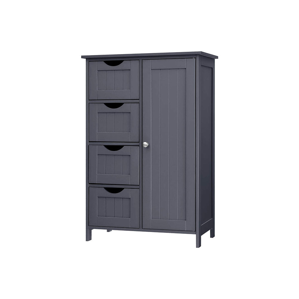 Bathroom Floor Storage Cabinet - White Wood - Grey - 4 Drawers and 1 Wardrobe Compartment