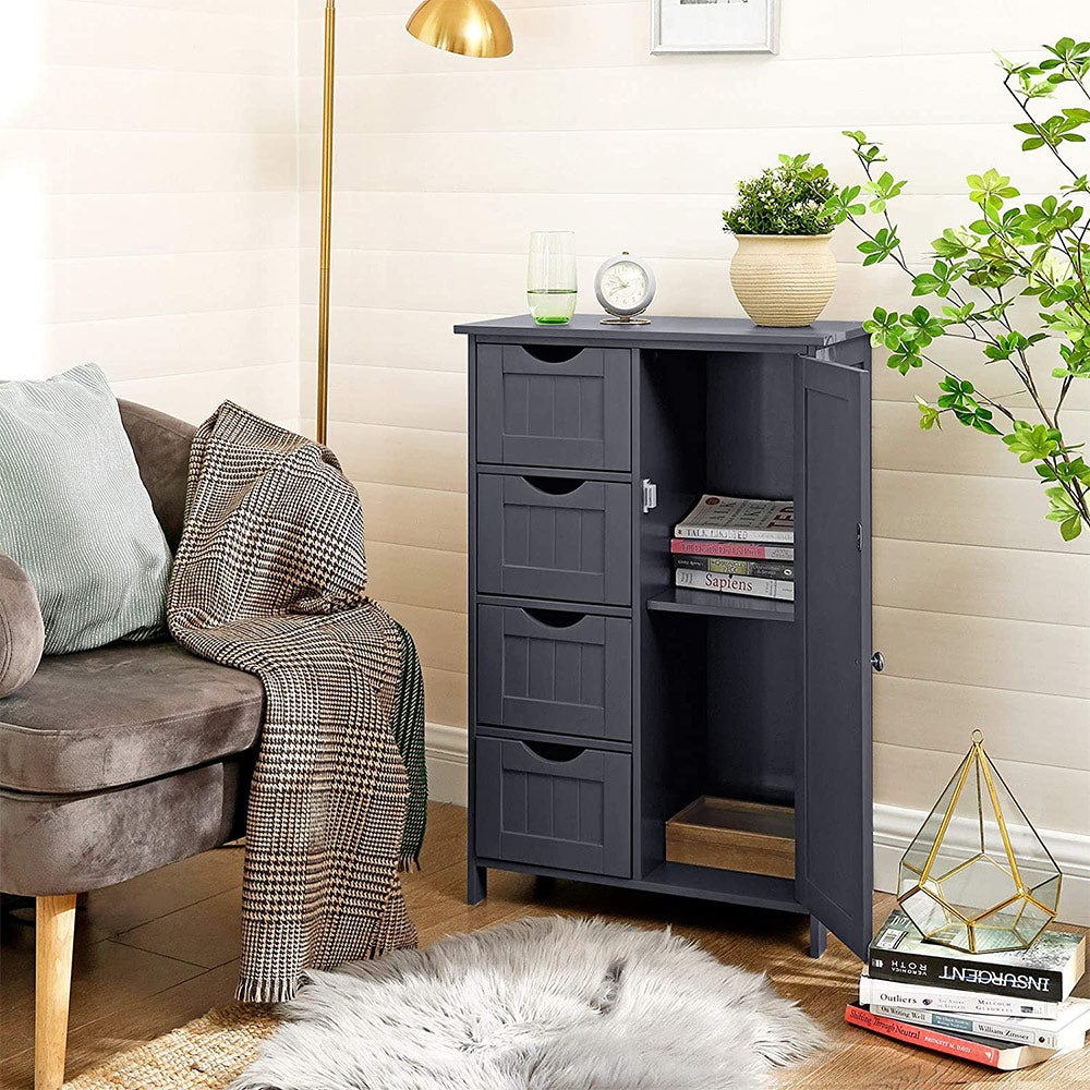 Bathroom Floor Storage Cabinet - White Wood - Grey - 4 Drawers and 1 Wardrobe Compartment