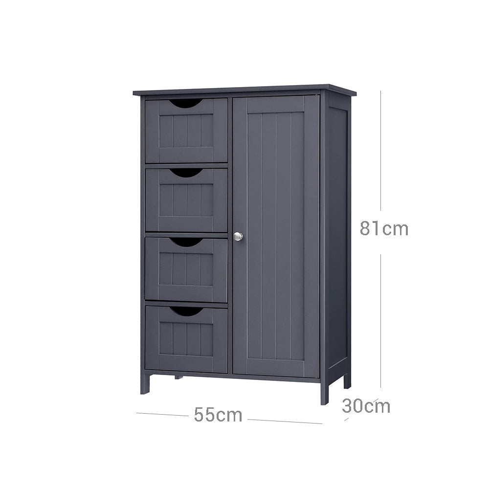 Bathroom Floor Storage Cabinet - White Wood - Grey - 4 Drawers and 1 Wardrobe Compartment