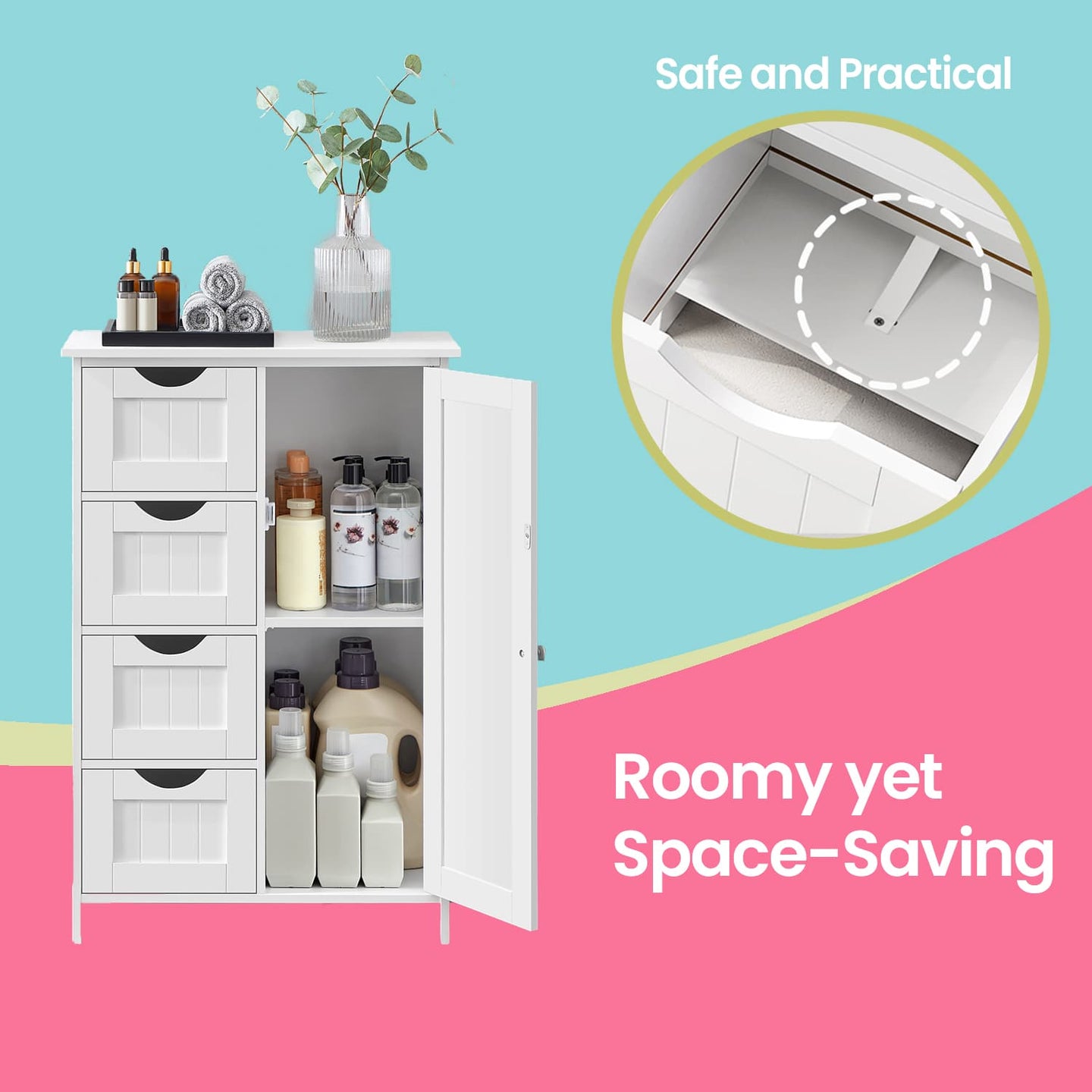 Bathroom Floor Storage Cabinet - Wood - Cloud White - Freestanding with 4 Drawers and 1 Door