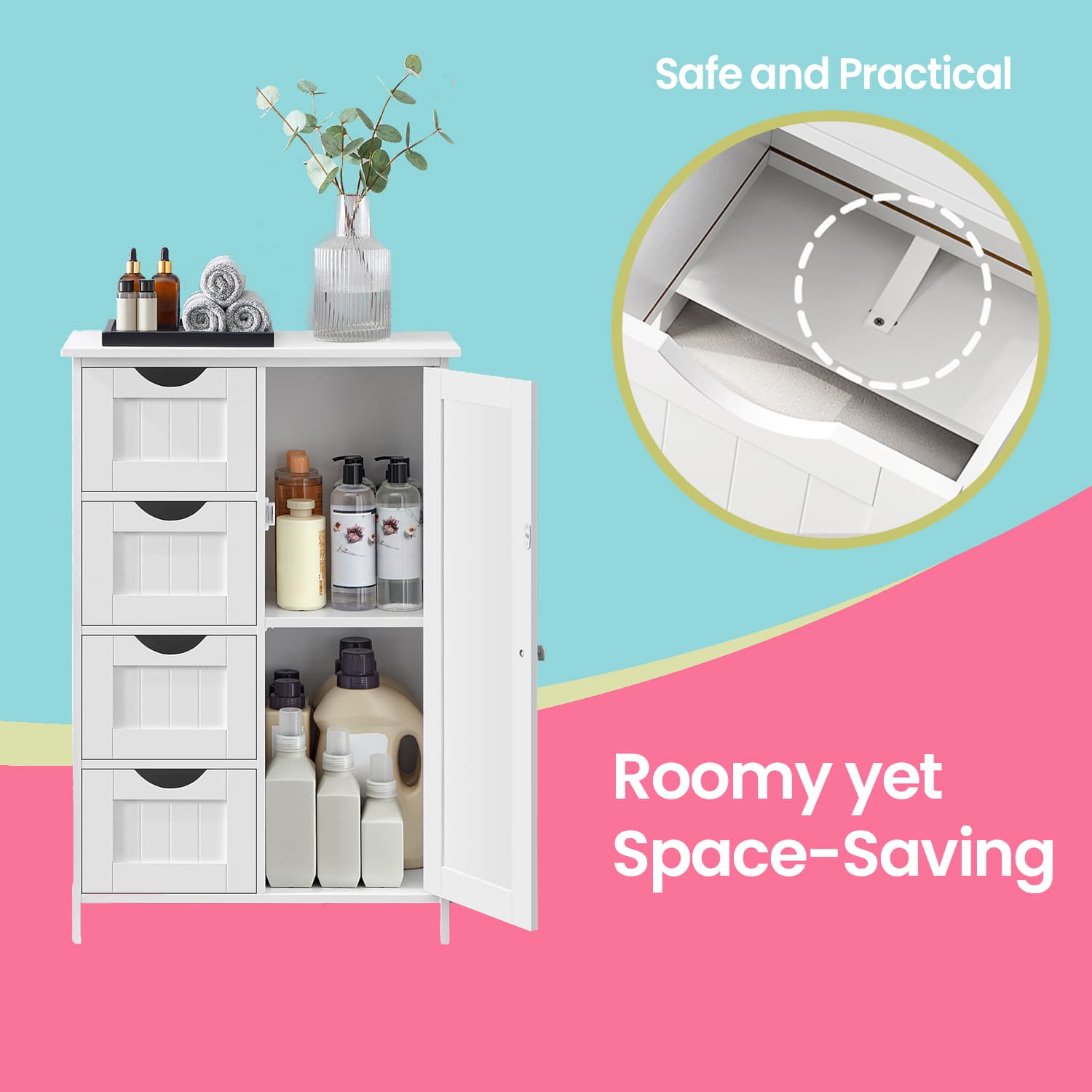 Bathroom Floor Storage Cabinet - Wood - Cloud White - Freestanding with 4 Drawers and 1 Door