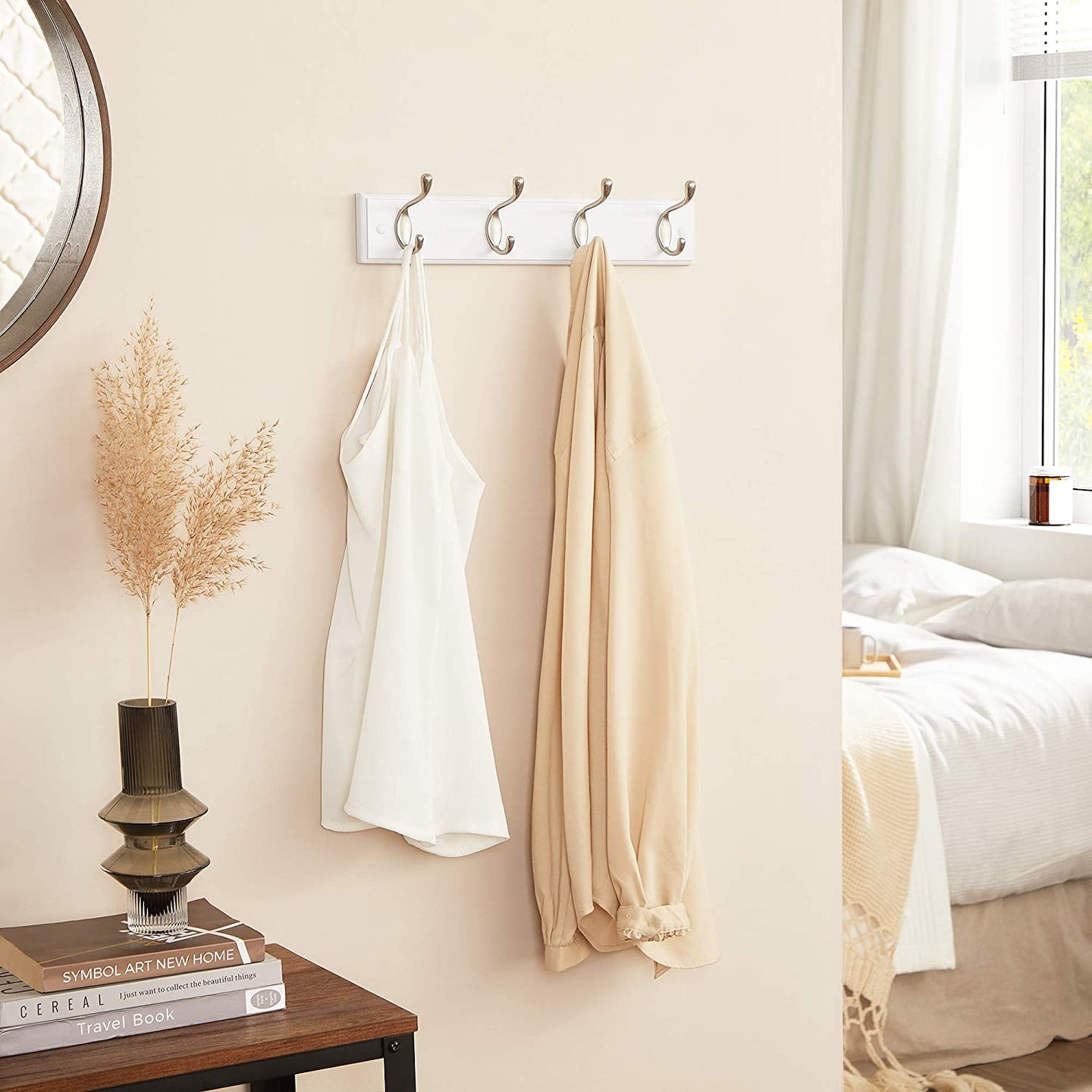 Wall-Mounted Coat Rack - 4 Hooks - Wood - White and Silver