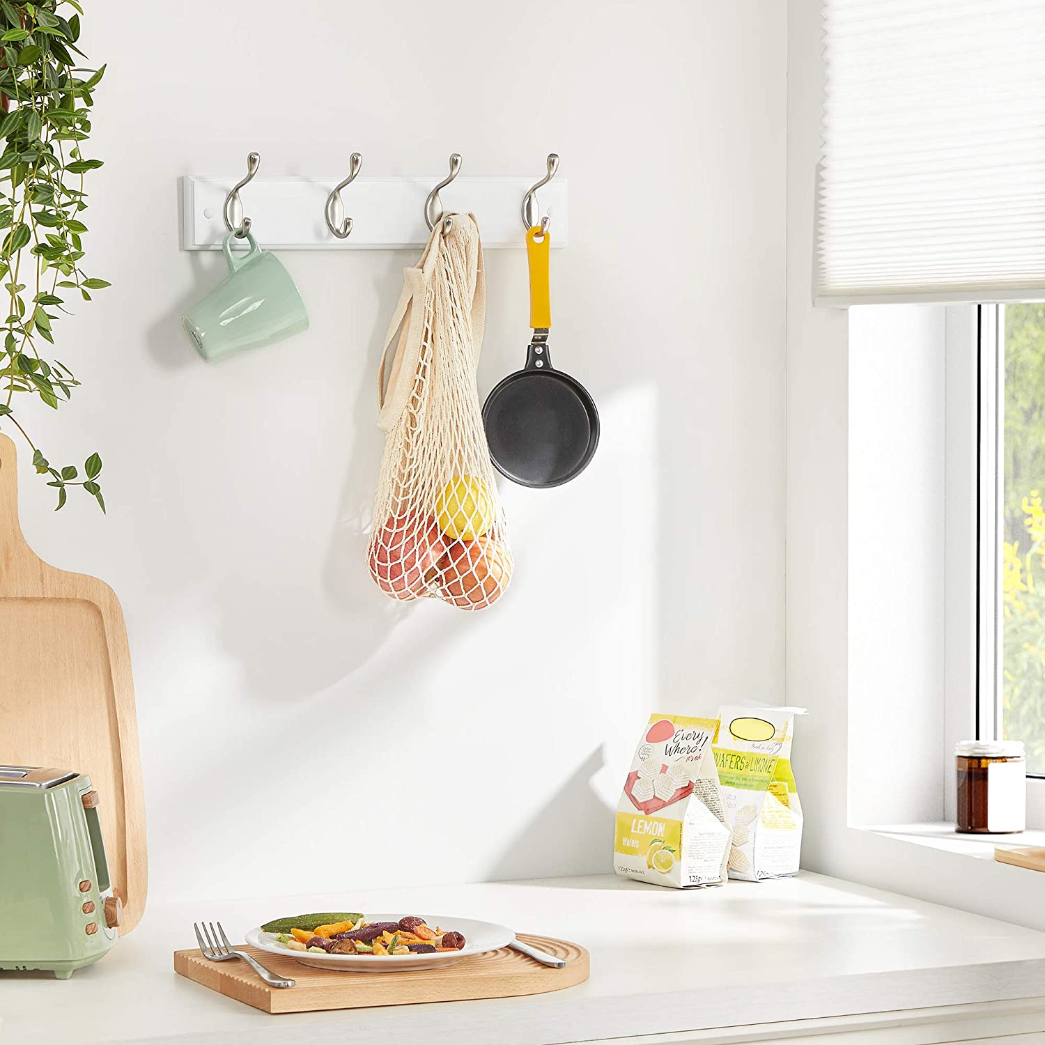 Wall-Mounted Coat Rack - 4 Hooks - Wood - White and Silver
