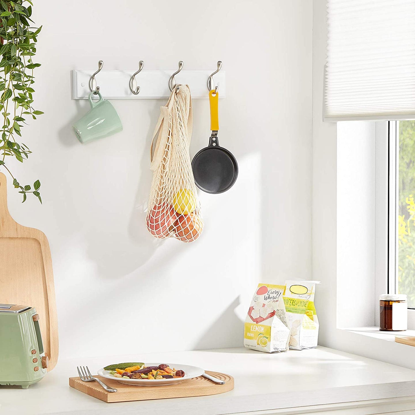 Wall-Mounted Coat Rack - 4 Hooks - Wood - White and Silver