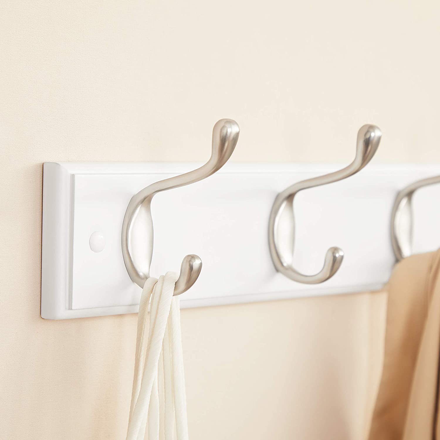 Wall-Mounted Coat Rack - 4 Hooks - Wood - White and Silver
