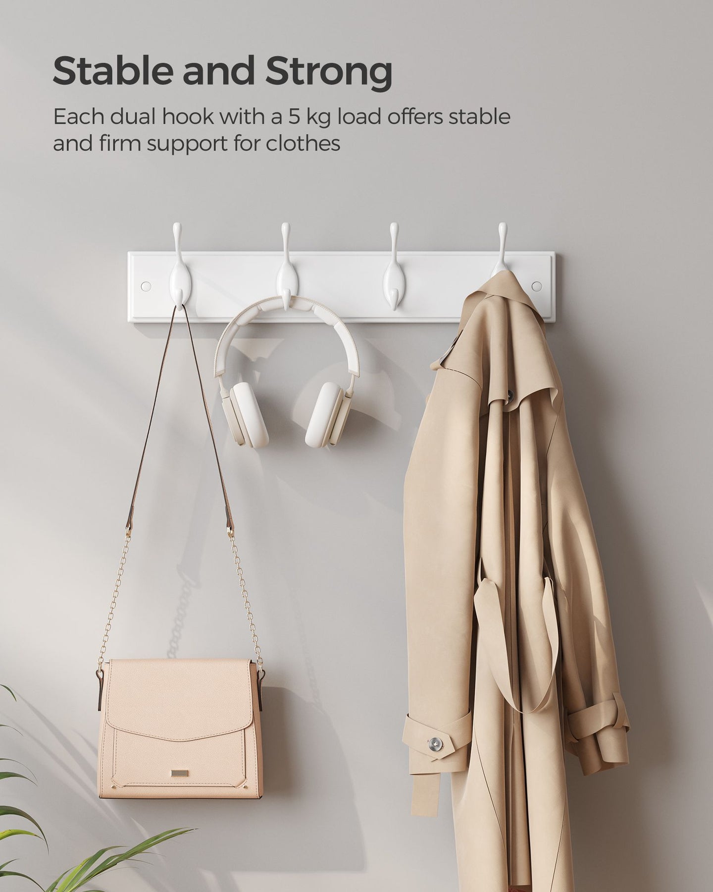 Set of 2 Wall-Mounted Coat Racks - 4 Hooks Each - Metal - Cloud White