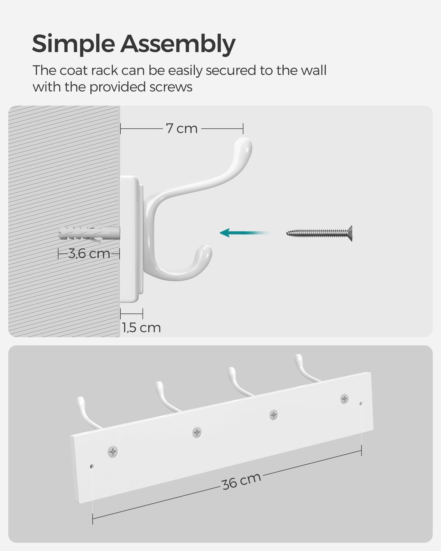 Set of 2 Wall-Mounted Coat Racks - 4 Hooks Each - Metal - Cloud White