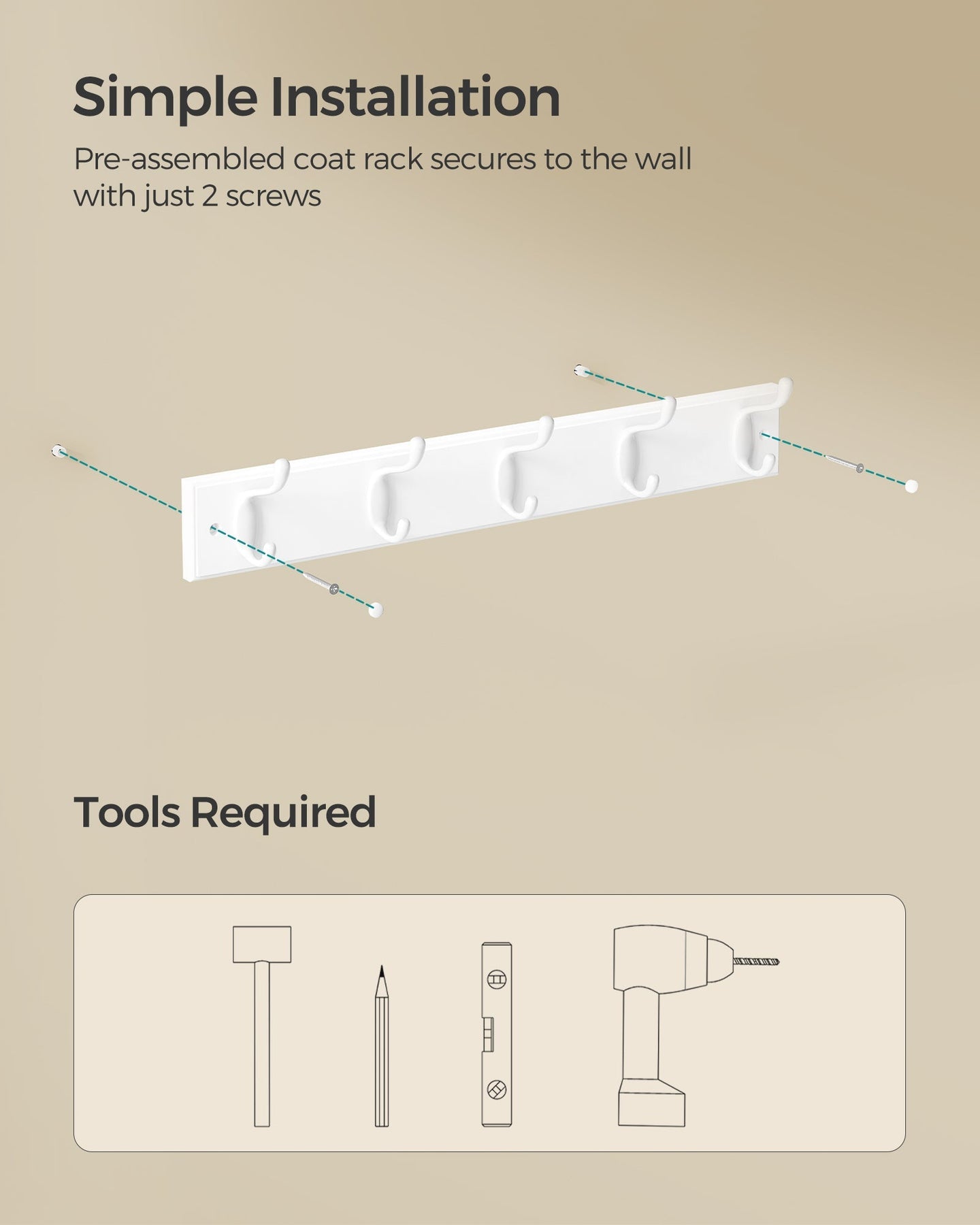 Wall-Mounted Coat Rack - 5 Dual Hooks - Wood - Cloud White