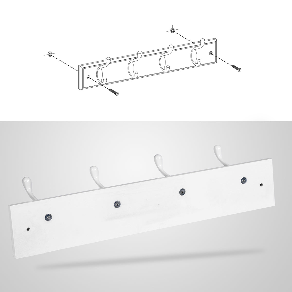Wall-Mounted Coat Rack - 4 Metal Hooks - Wood - White