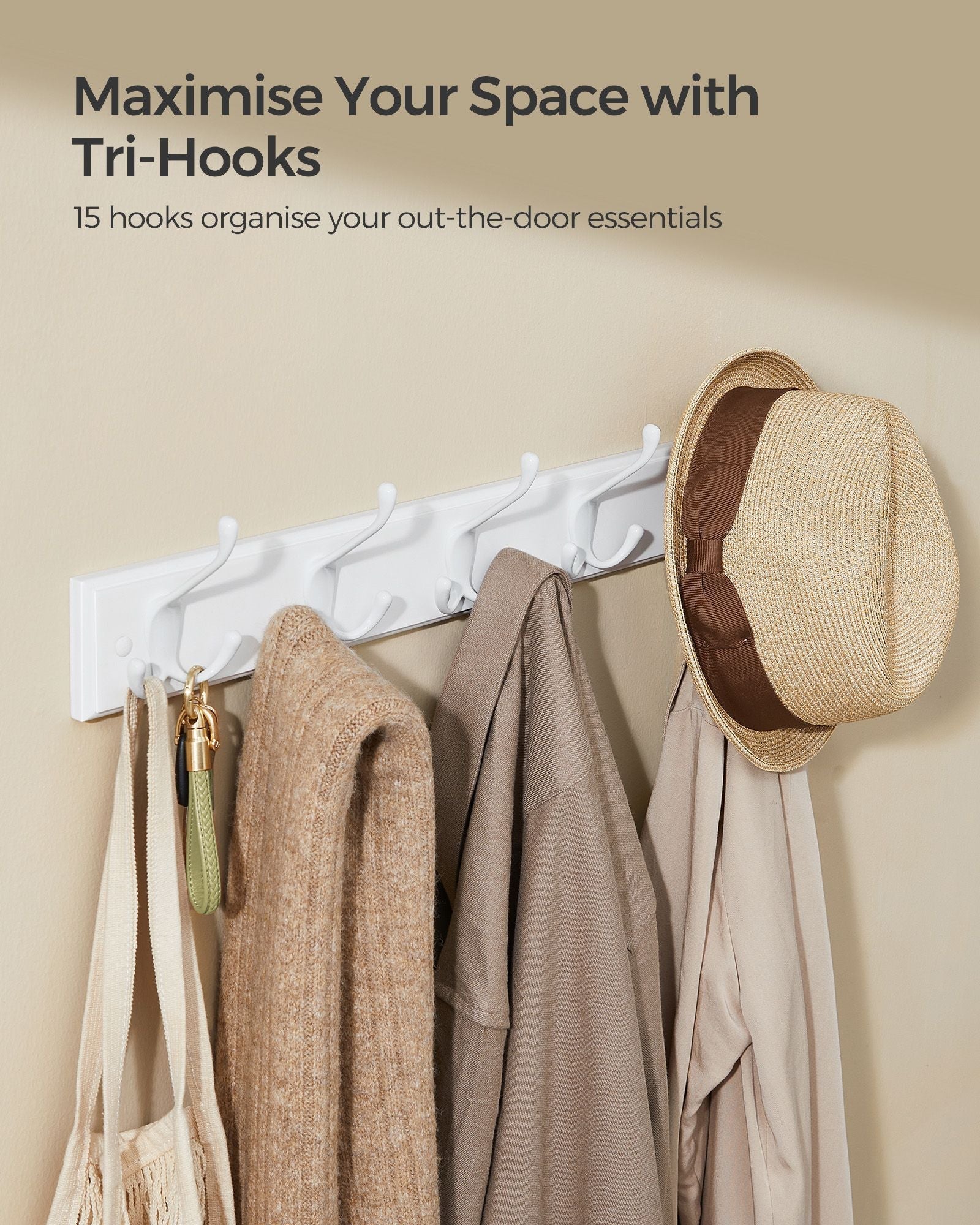 Wall-Mounted Coat Rack - 5 Dual Tri-Hooks - Wood - Cloud White
