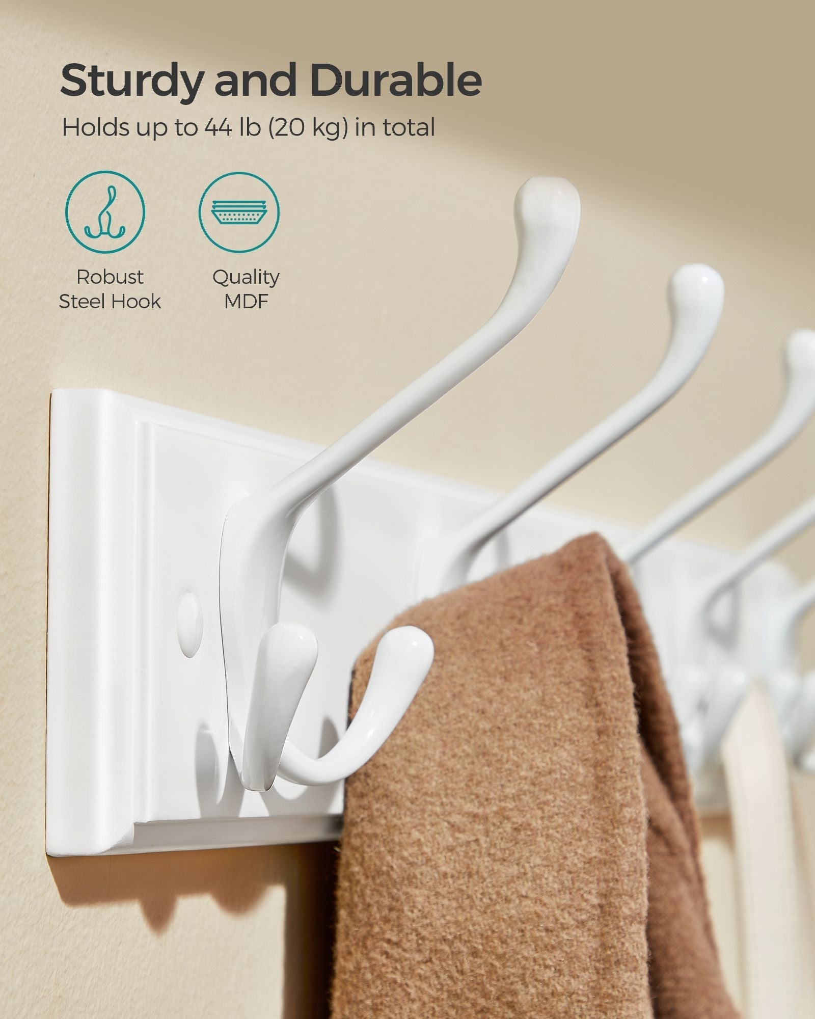 Wall-Mounted Coat Rack - 5 Dual Tri-Hooks - Wood - Cloud White