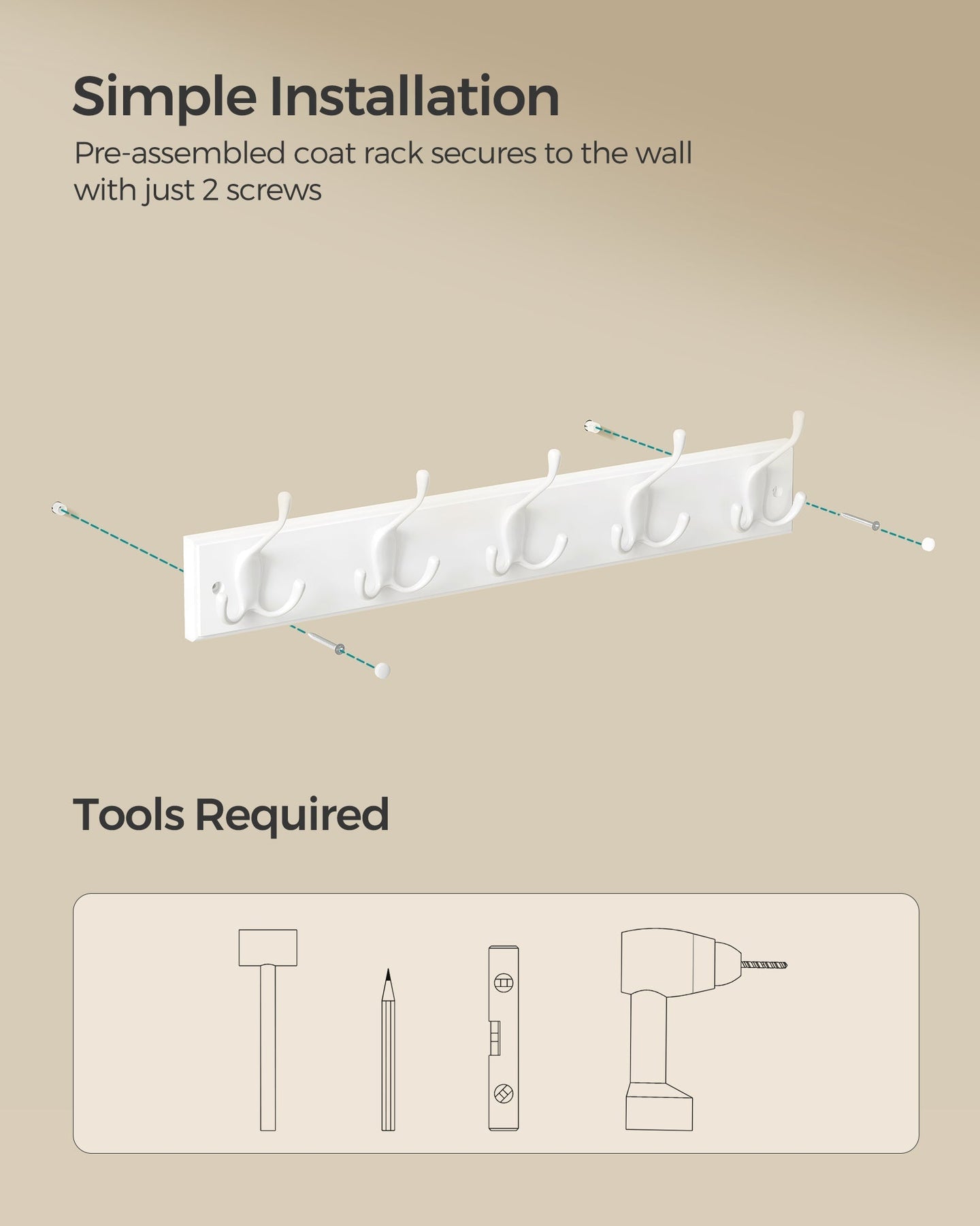 Wall-Mounted Coat Rack - 5 Dual Tri-Hooks - Wood - Cloud White