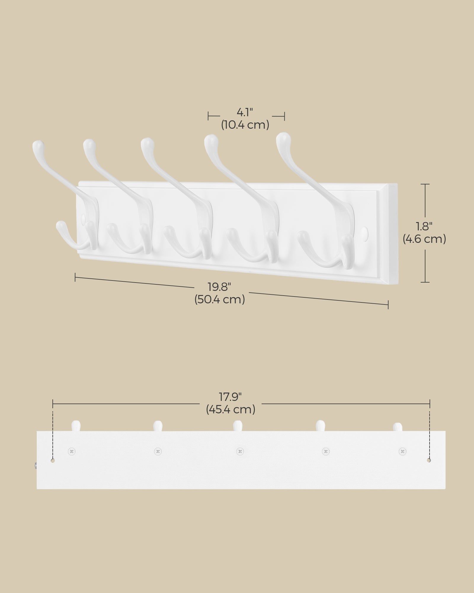 Wall-Mounted Coat Rack - 5 Dual Tri-Hooks - Wood - Cloud White