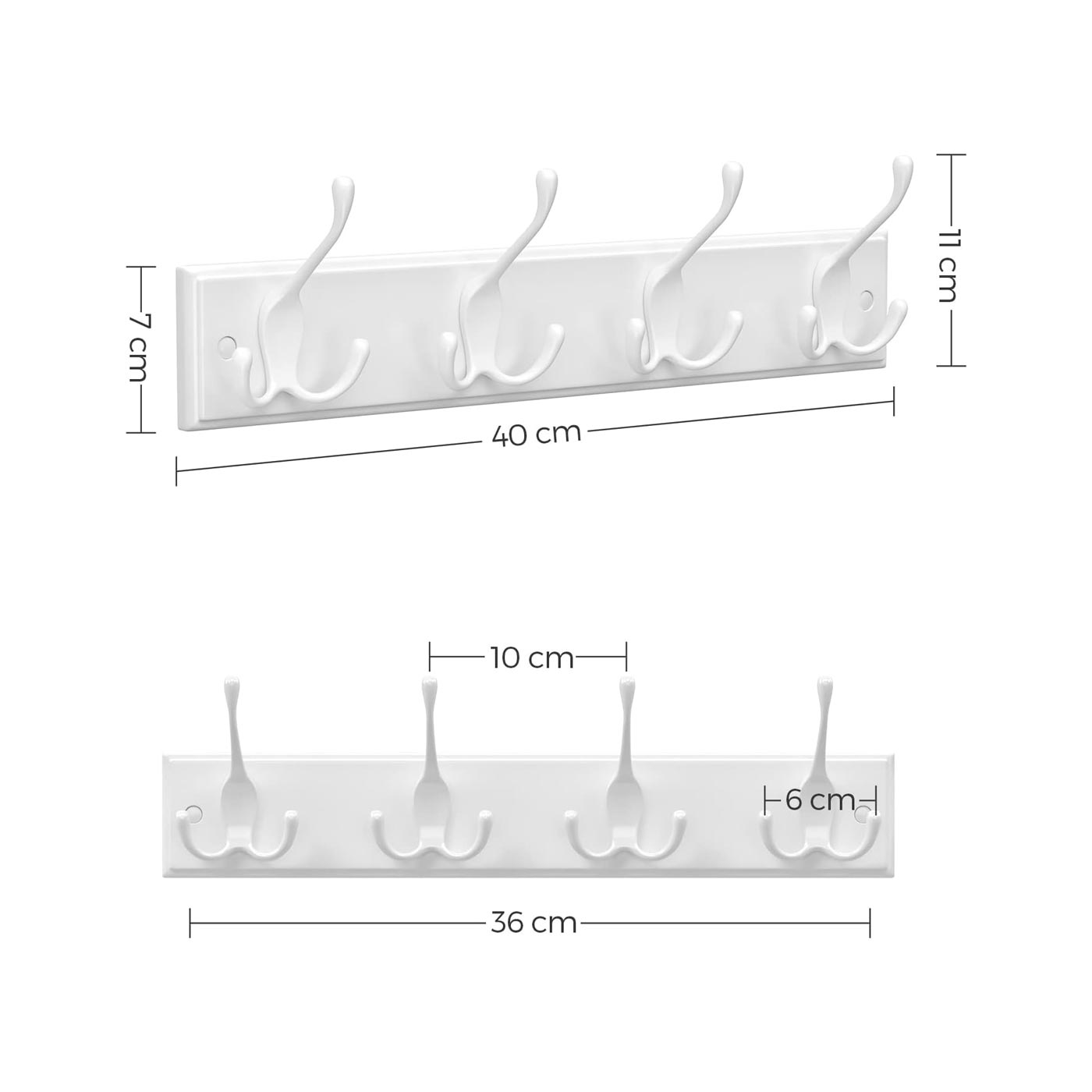 Wall Mounted Coat Rack - Metal - White - 4 Tri-Hooks for Entryway and Bathroom