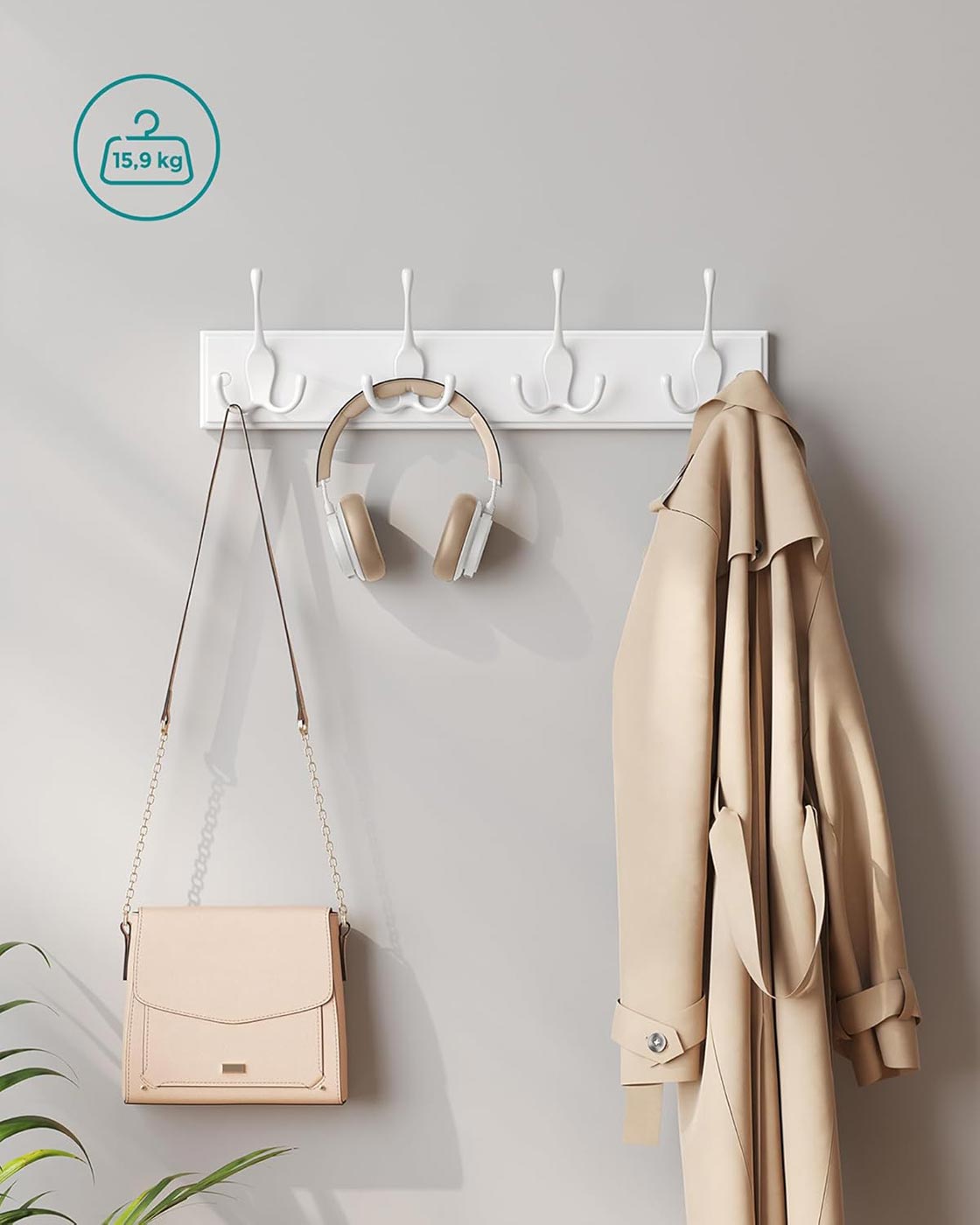 Wall Mounted Coat Rack - Metal - White - 4 Tri-Hooks for Entryway and Bathroom