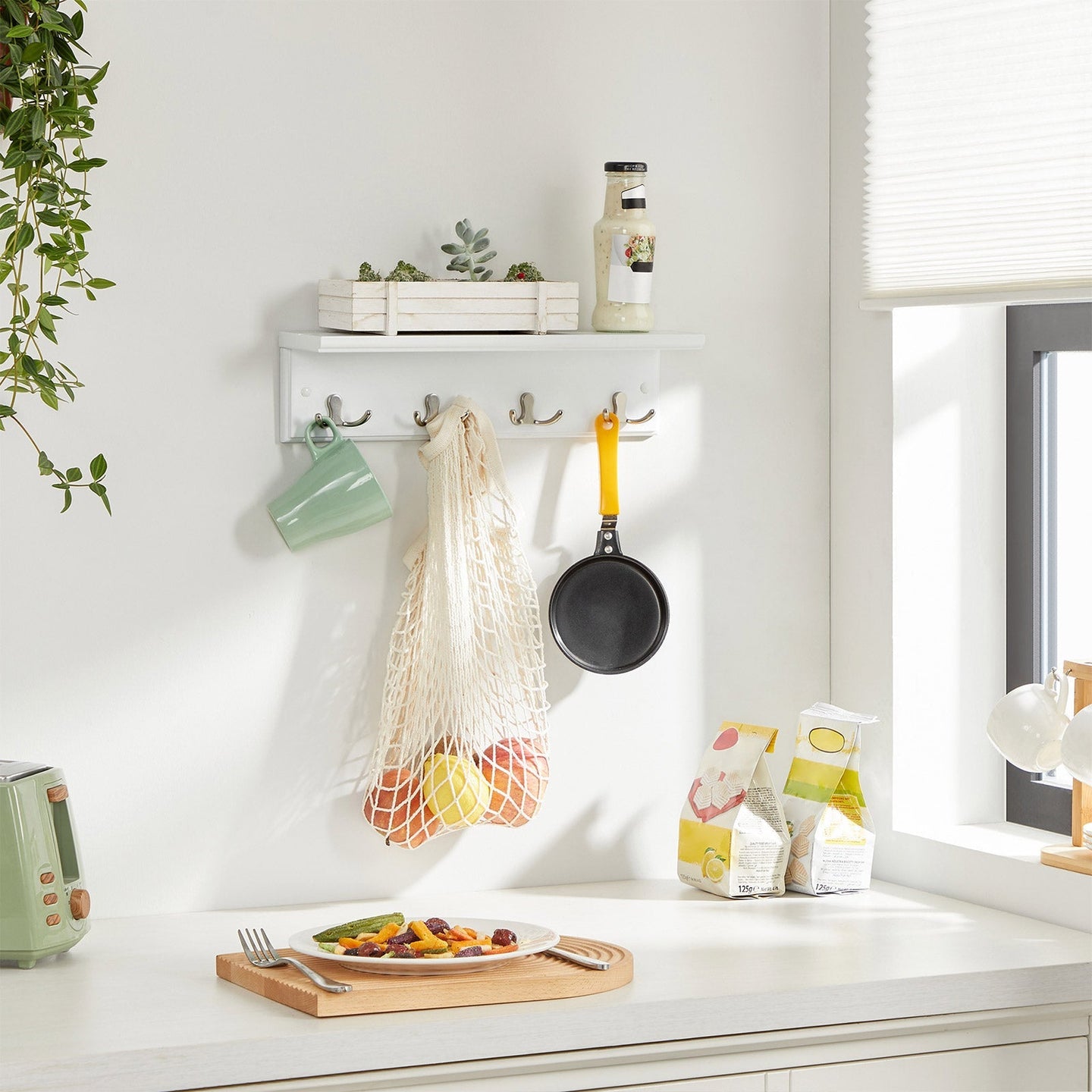 Wall-Mounted Coat Rack - Wooden - White - 4 Dual Hooks with Shelf