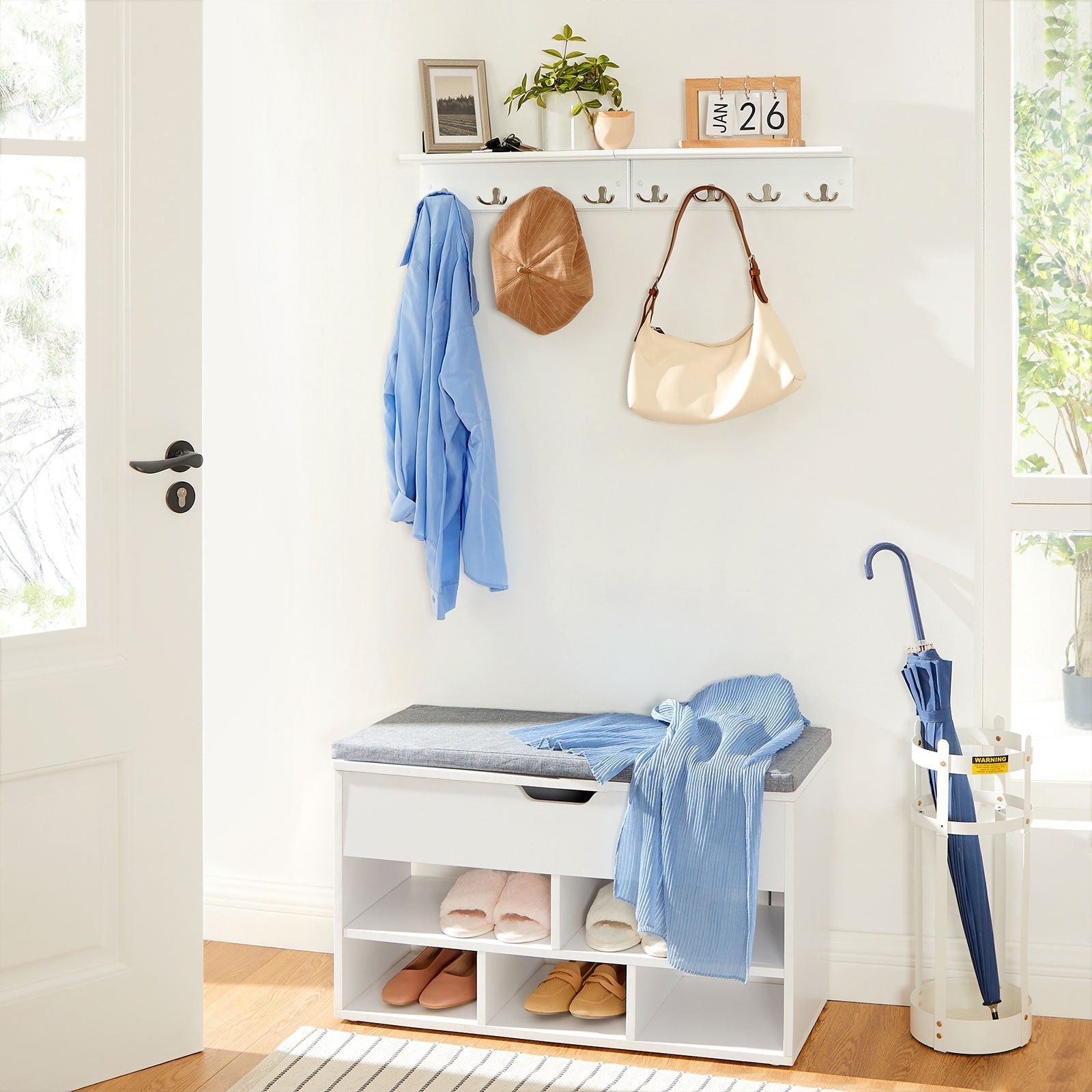 Wall-Mounted Coat Rack - Wooden - White - 4 Dual Hooks with Shelf