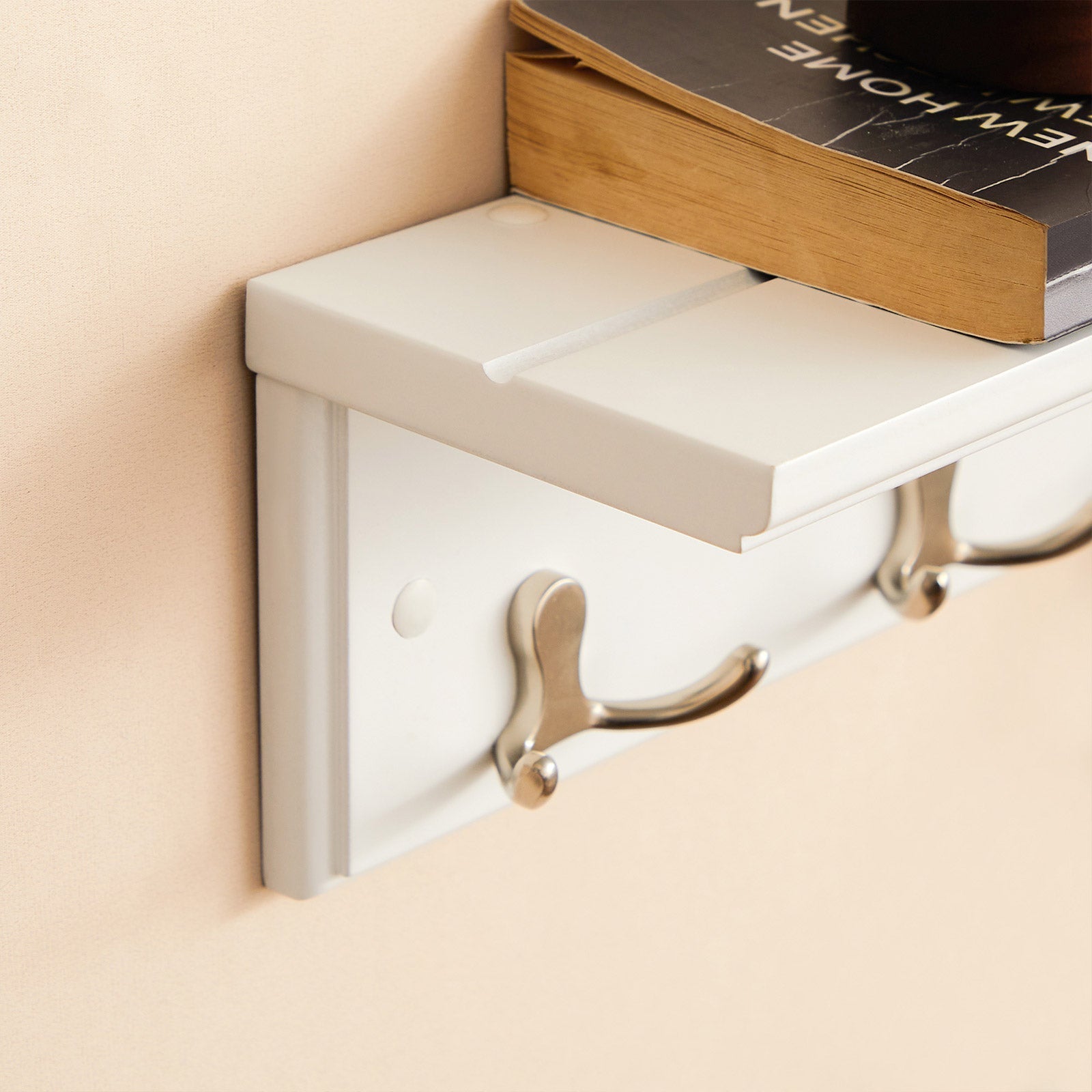 Wall-Mounted Coat Rack - Wooden - White - 4 Dual Hooks with Shelf