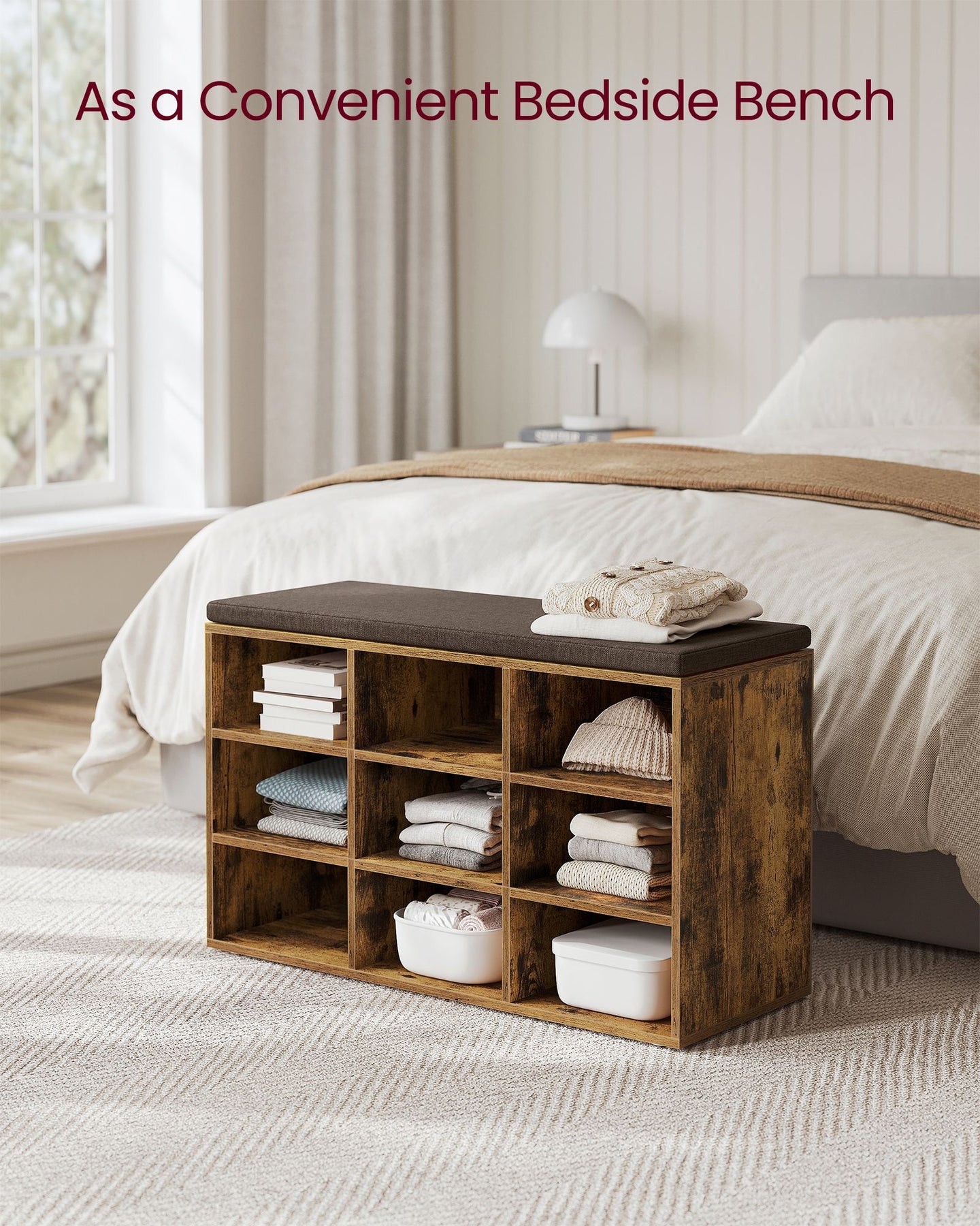 Storage Bench - Wood - Black - Padded Seat with 9 Adjustable Compartments