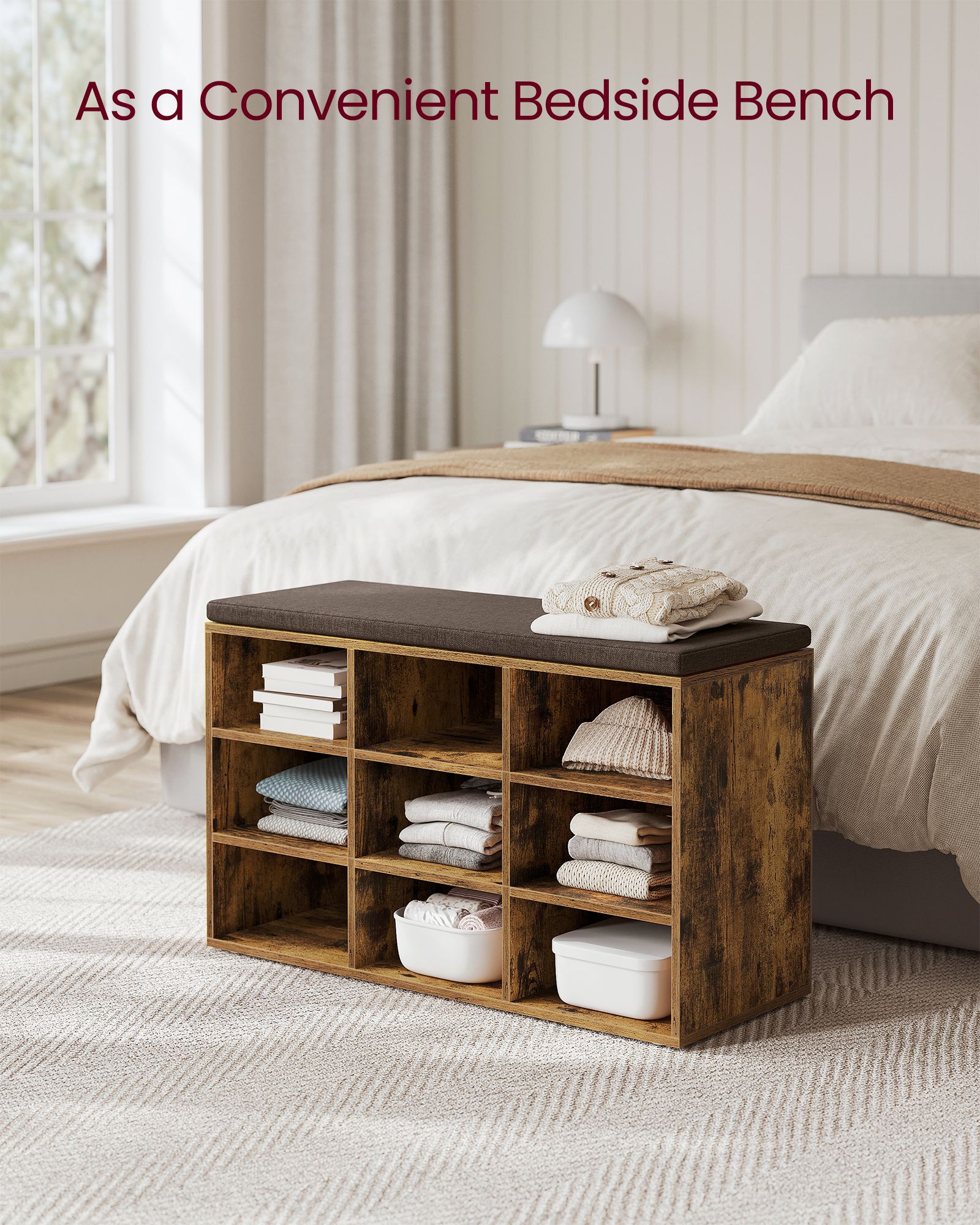 Storage Bench - Wood - Black - Padded Seat with 9 Adjustable Compartments
