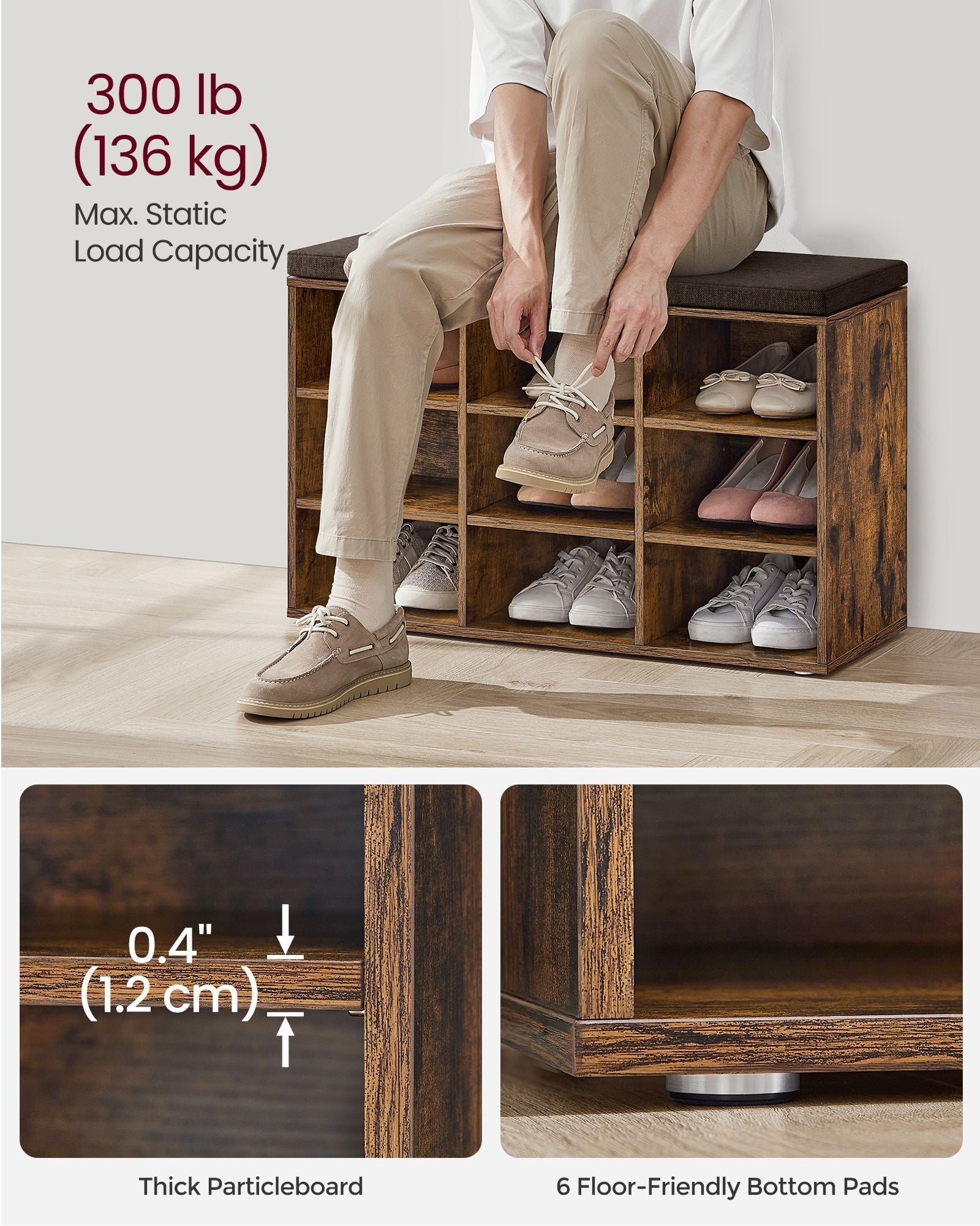 Storage Bench - Wood - Black - Padded Seat with 9 Adjustable Compartments