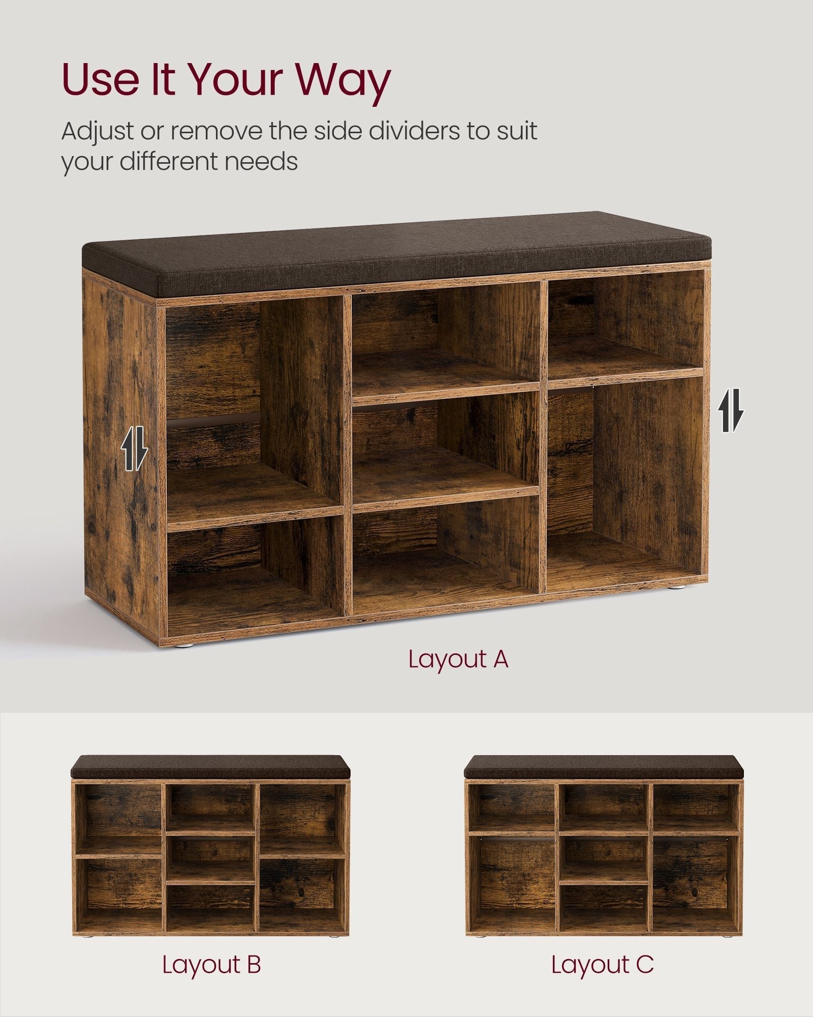 Storage Bench - Wood - Black - Padded Seat with 9 Adjustable Compartments