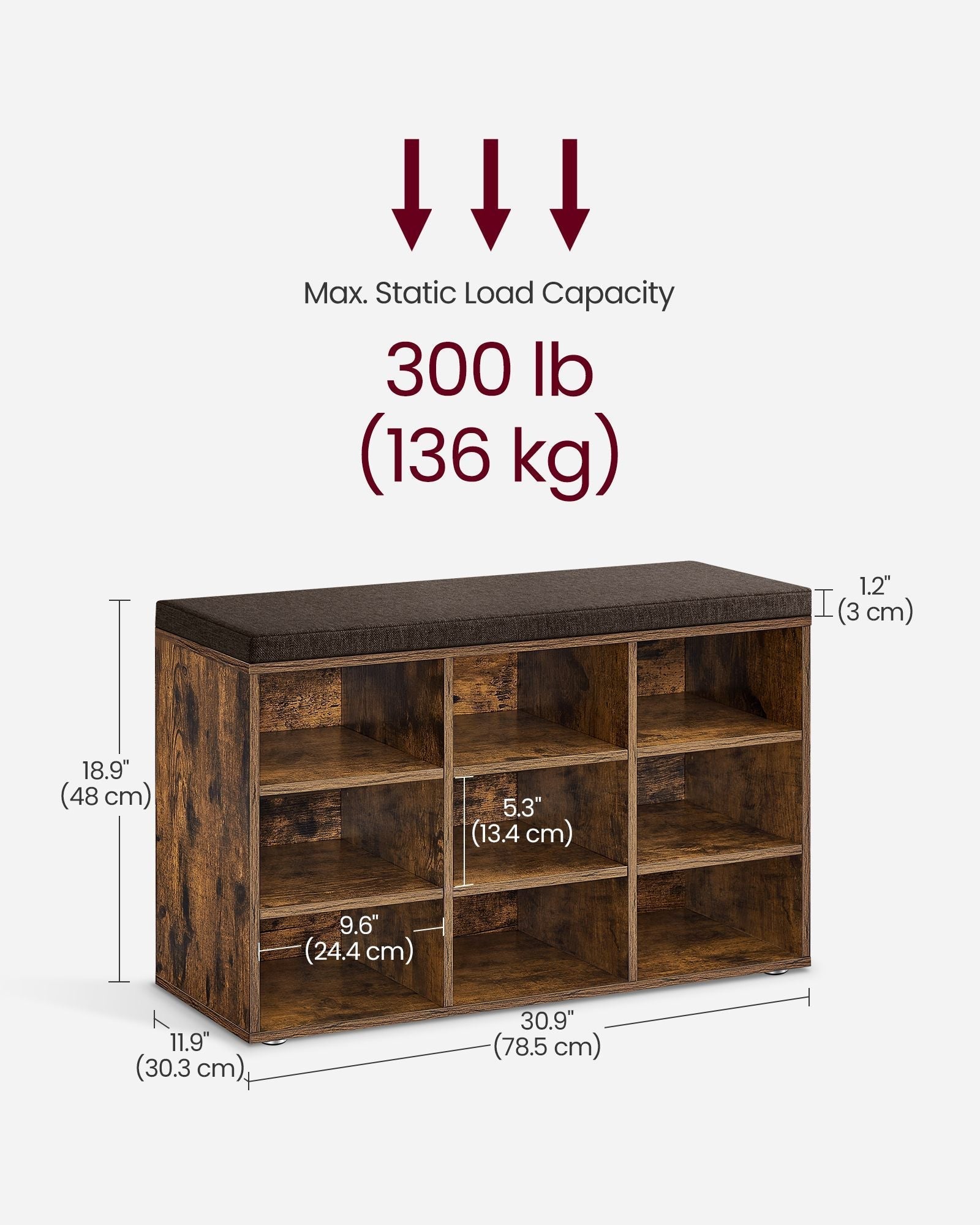 Storage Bench - Wood - Black - Padded Seat with 9 Adjustable Compartments