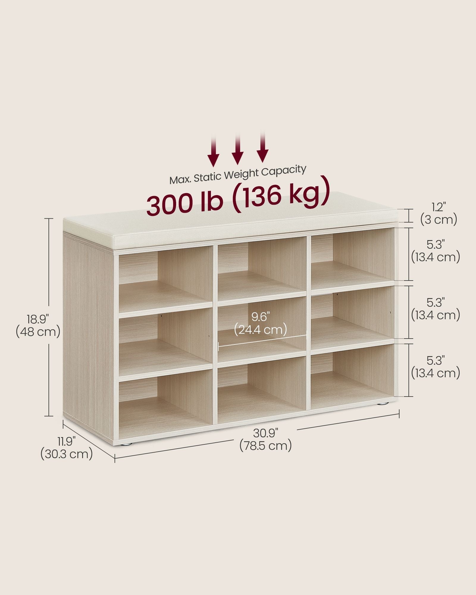 Shoe Bench - Wood - Natural Beige - Padded Seat with 9 Adjustable Compartments